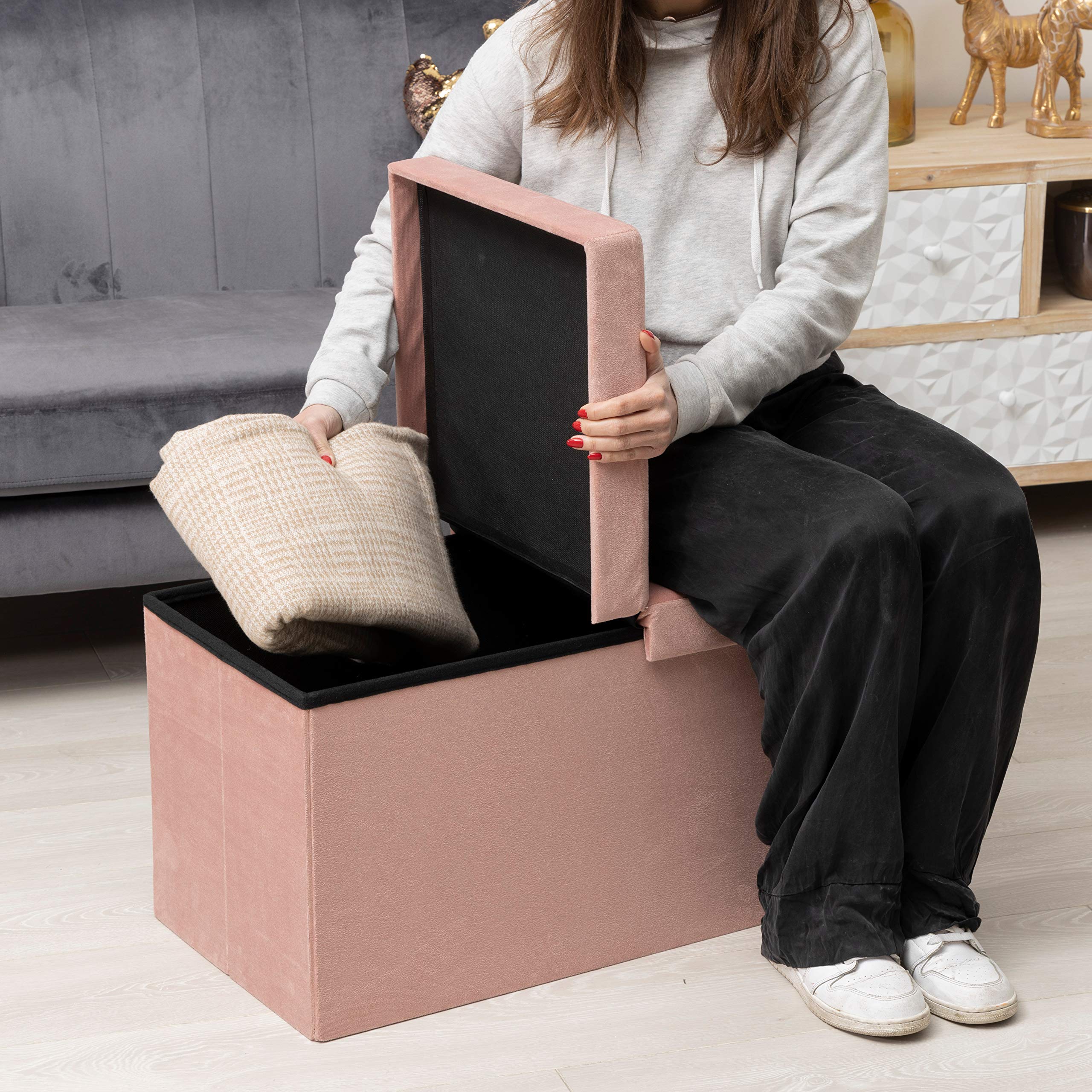 Baroni Home Pouf Contenitore Pieghevole Velluto Rosa Cipria 76x38x38 cm