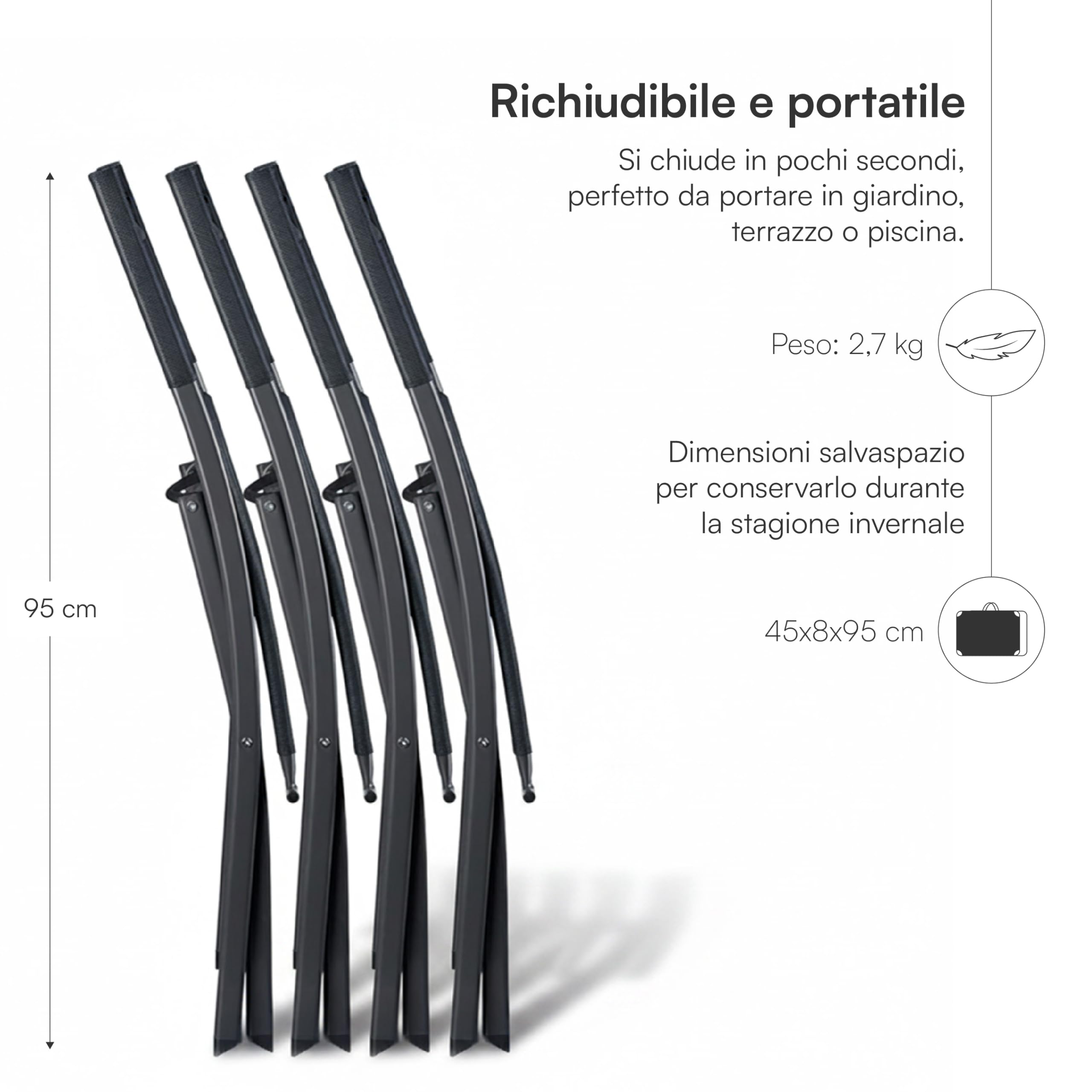 Baroni Home Set 4 Sedie Pieghevoli Nere Impermeabili 45x45x80 cm