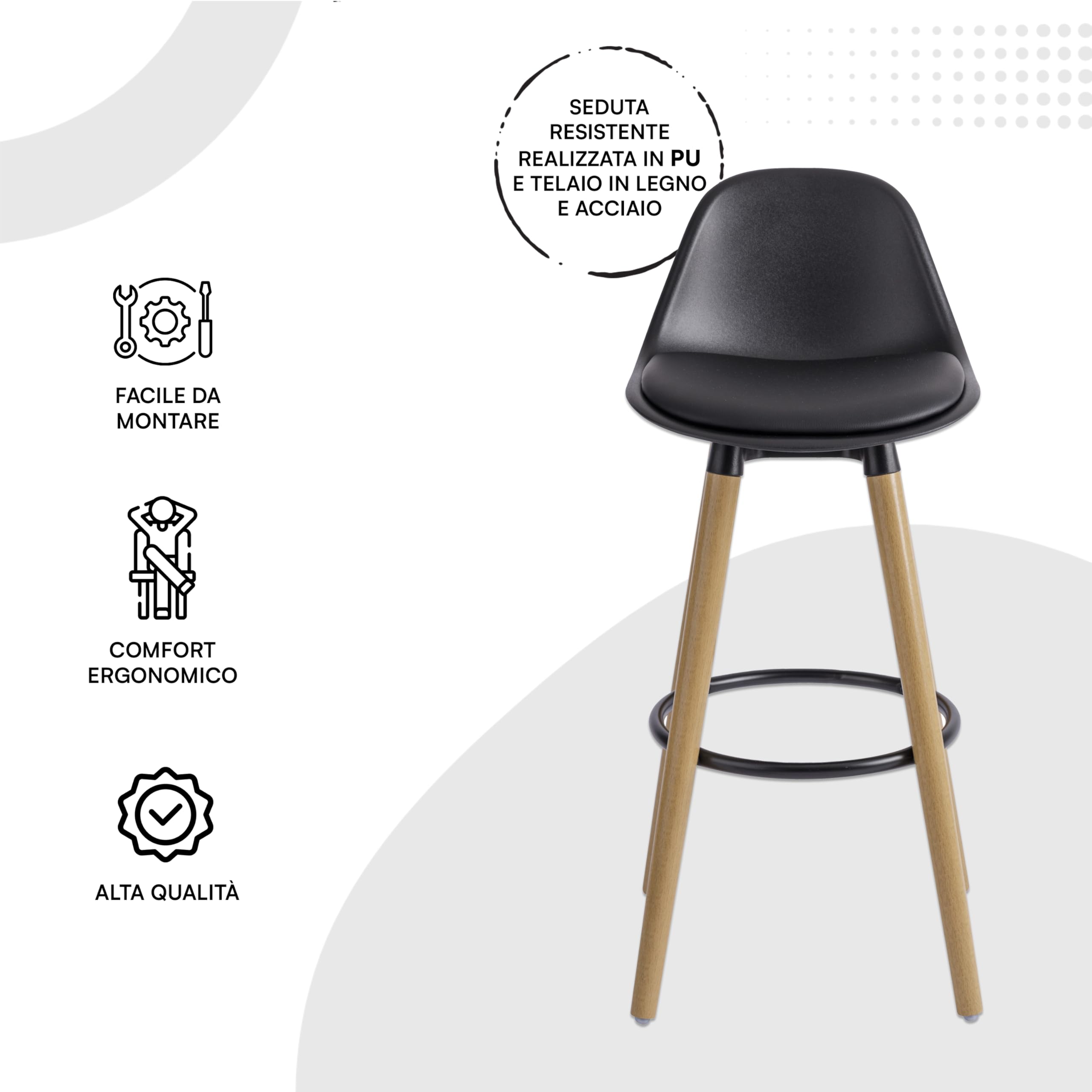 Baroni Home sgabello nero 2 pezzi schienale