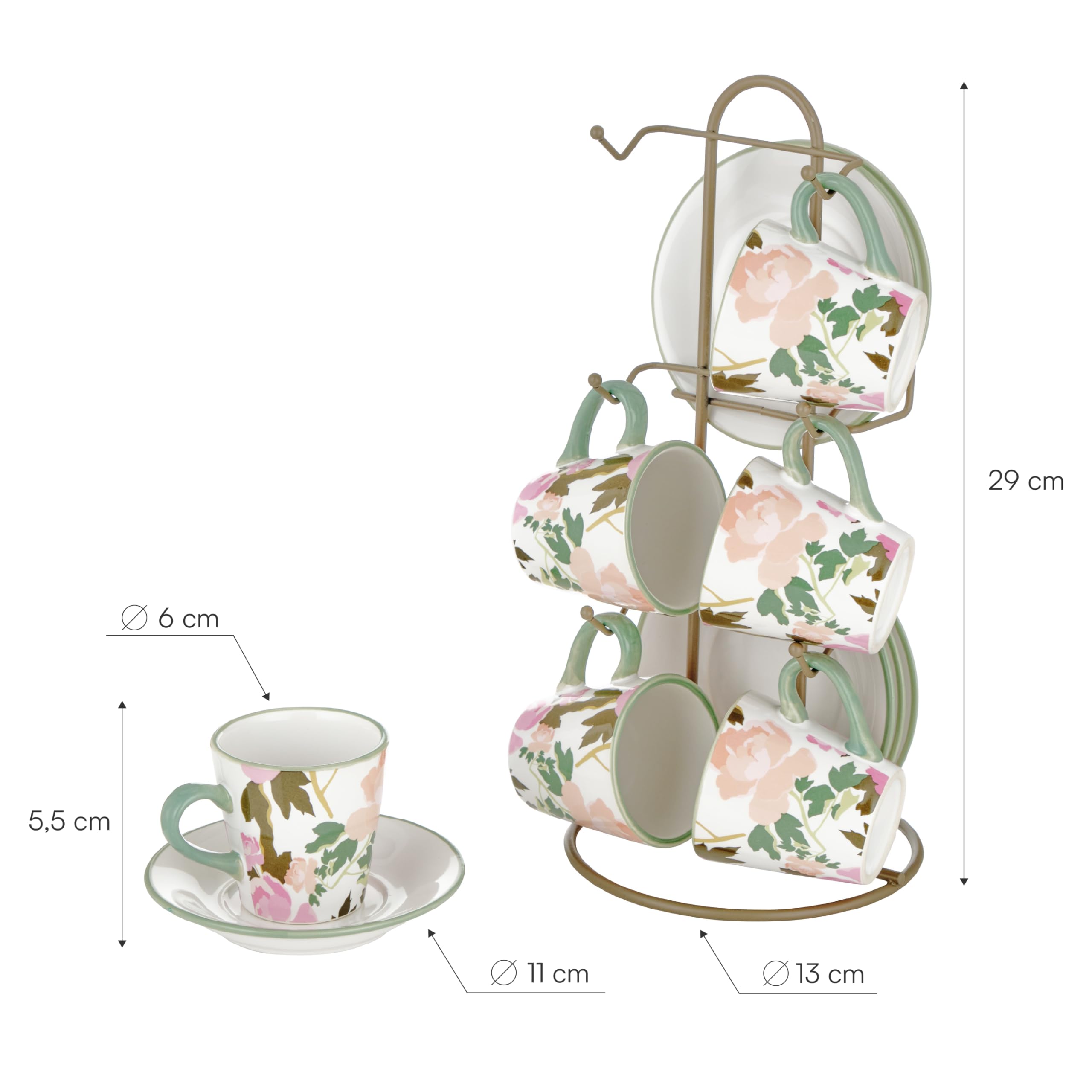 Baroni Home Rose Set Tazzine Ceramica con Stand 15x13x29 cm