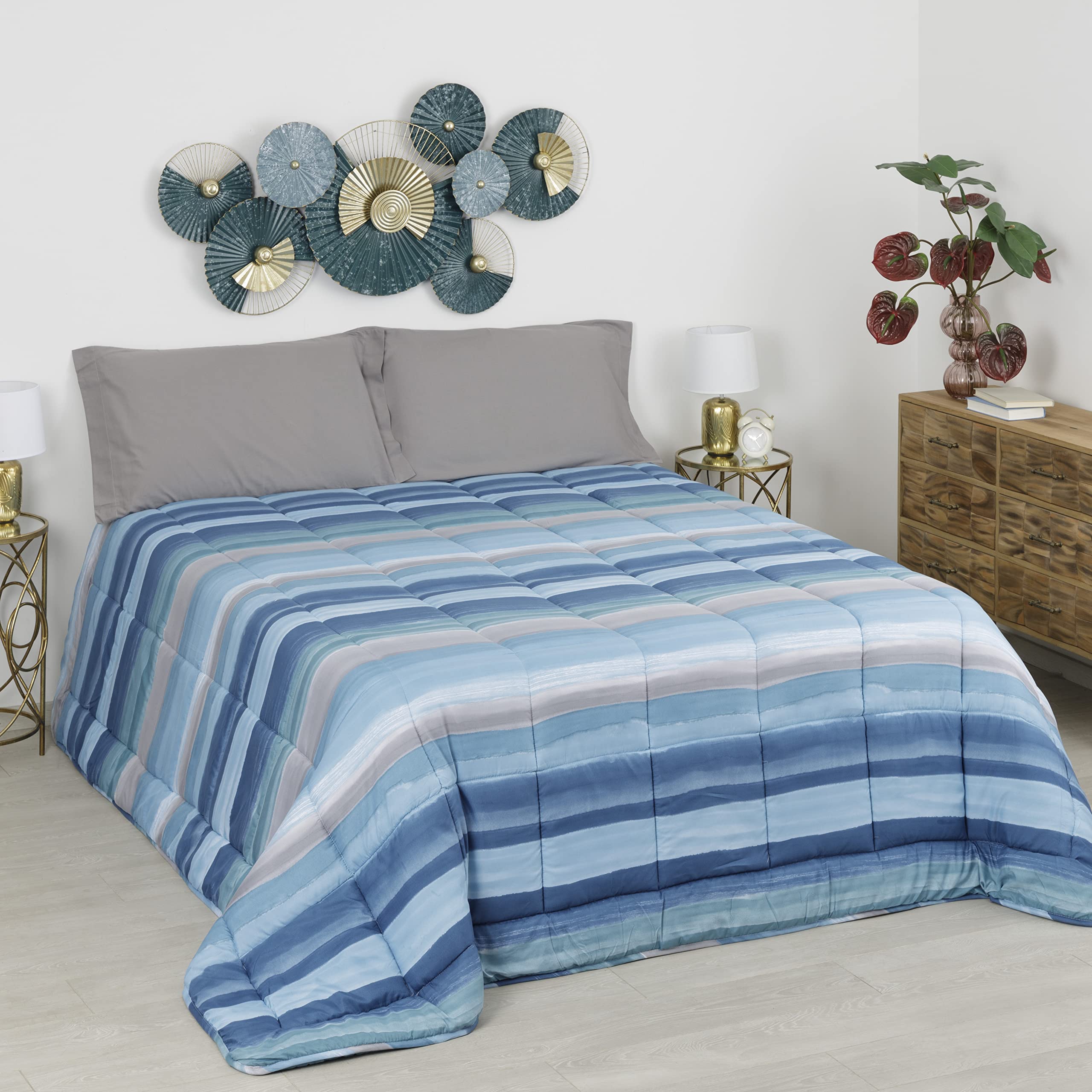 Baroni Home Piumone Matrimoniale 260x260 Righe Blu 350 g/mq anallergico