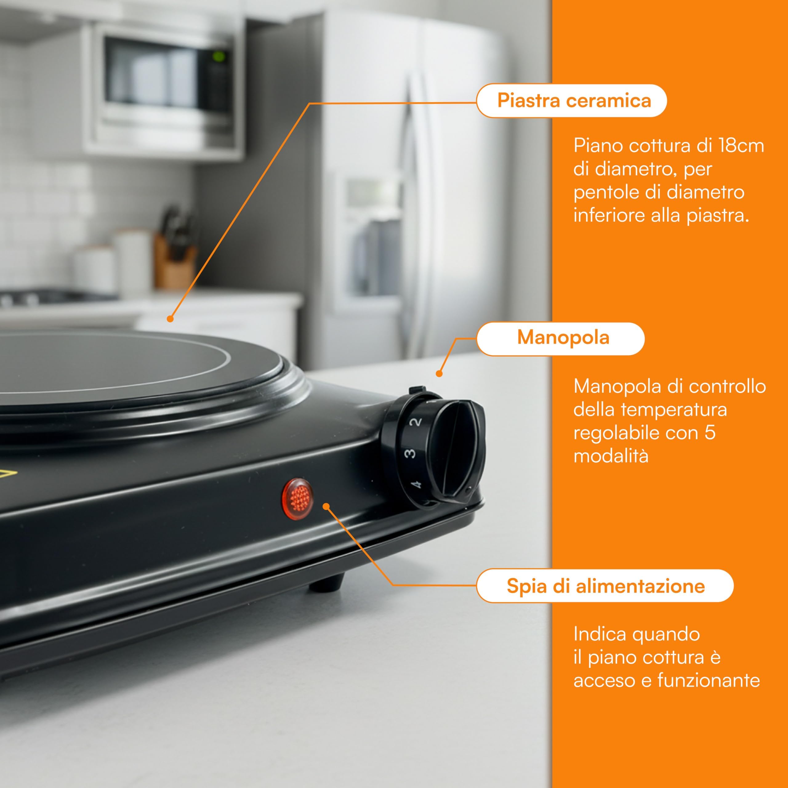 Baroni Home Piano Cottura Elettrico Ceramica 1200W 18 cm nero
