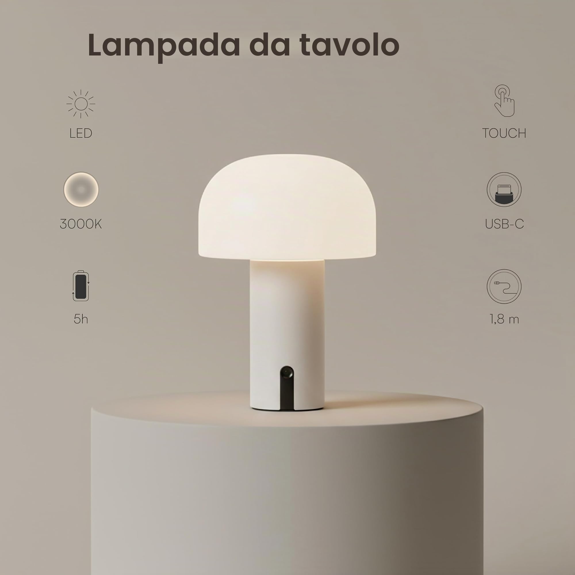 Baroni Home Lampada LED Fungo Senza Fili Bianca 22 cm Ricaricabile