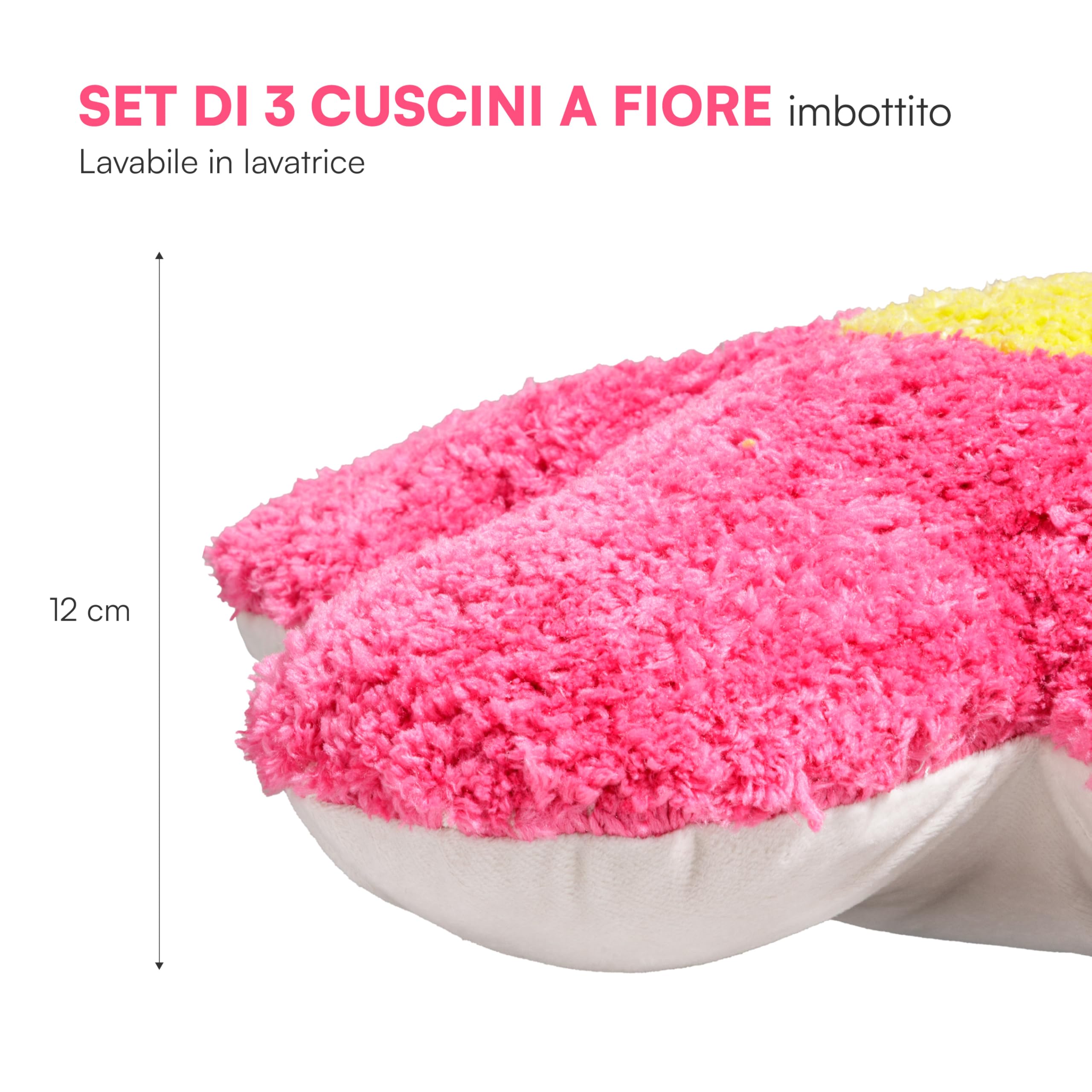 Baroni Home Set 3 Cuscini Fiori Teddy 36x36 cm rosa giallo bianco