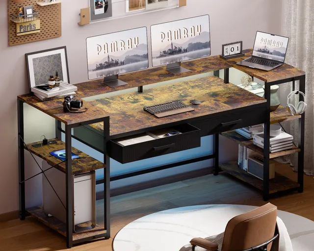 Pamray 58 Pollici Scrivania Gaming Marrone 147 cm con LED