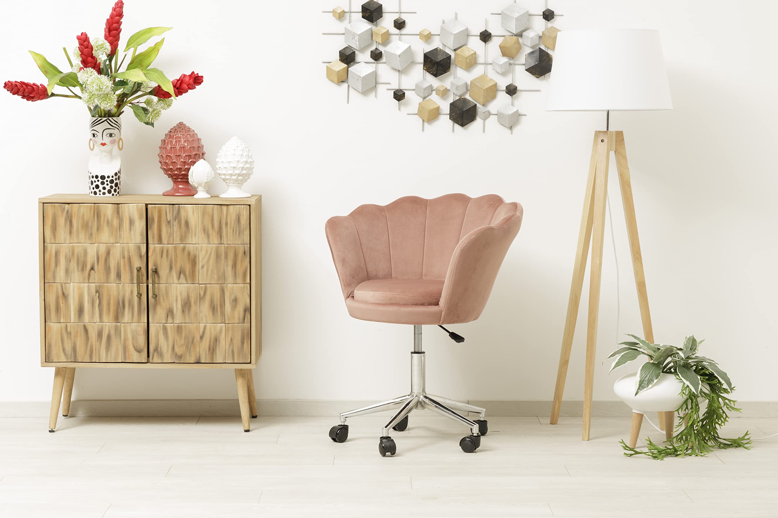 Baroni Home Poltrona Velluto Rosa Cipria con Ruote 69cm