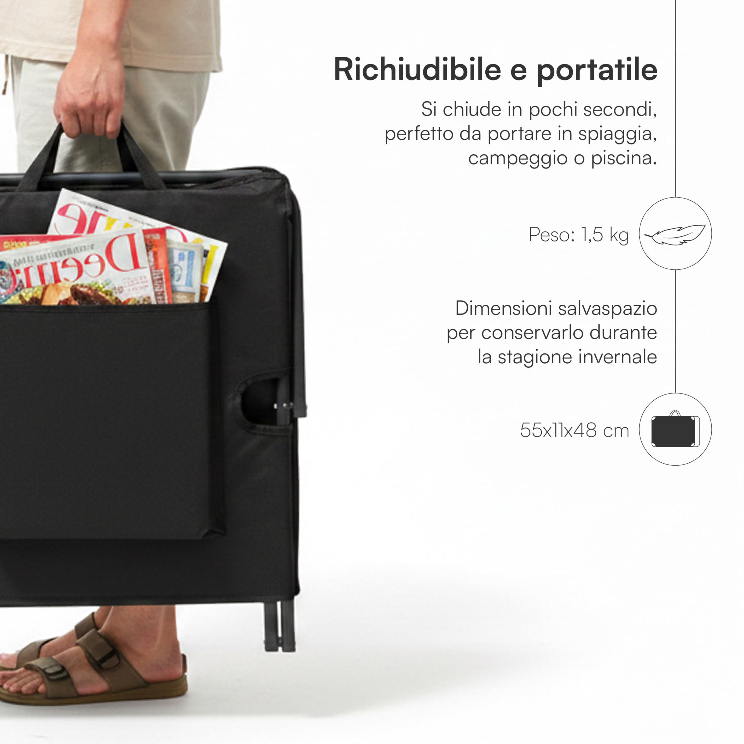 Baroni Home Lettino prendisole pieghevole nero 48x150x52 cm