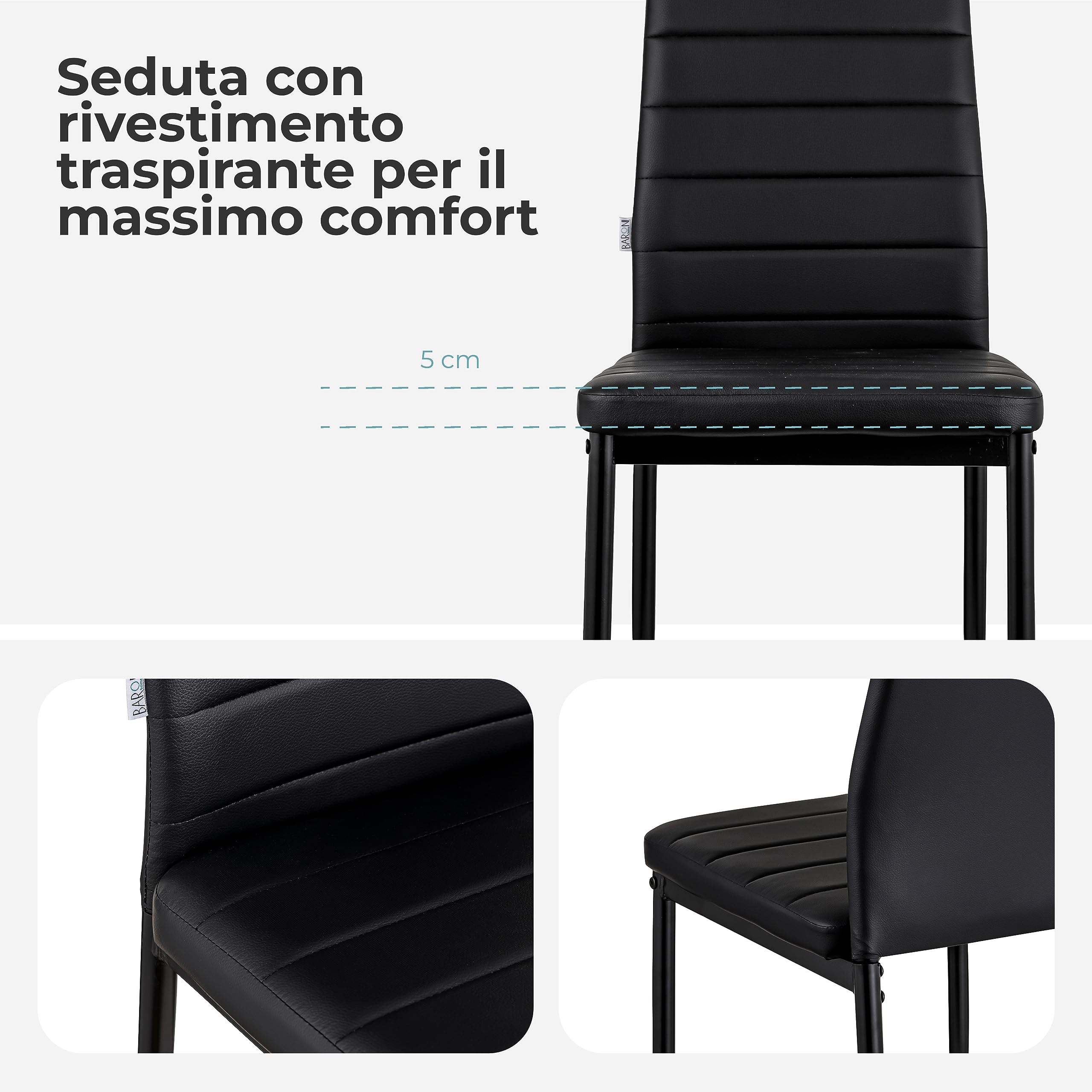Baroni Home Set 4 Sedie da Pranzo Nero 40x48x96 cm