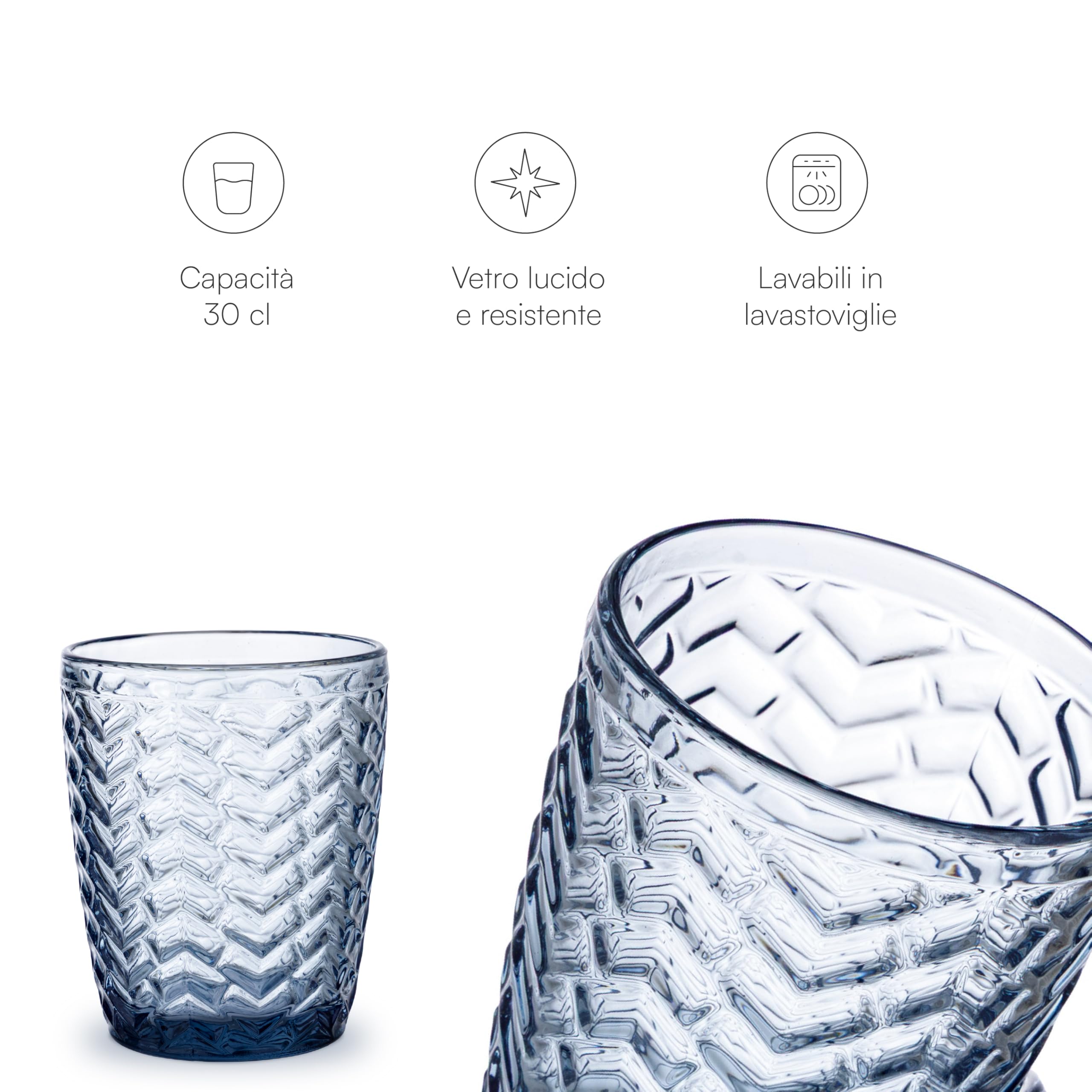Baroni Home Wave Set 6 Bicchieri Vetro Blu 30 CL Righe