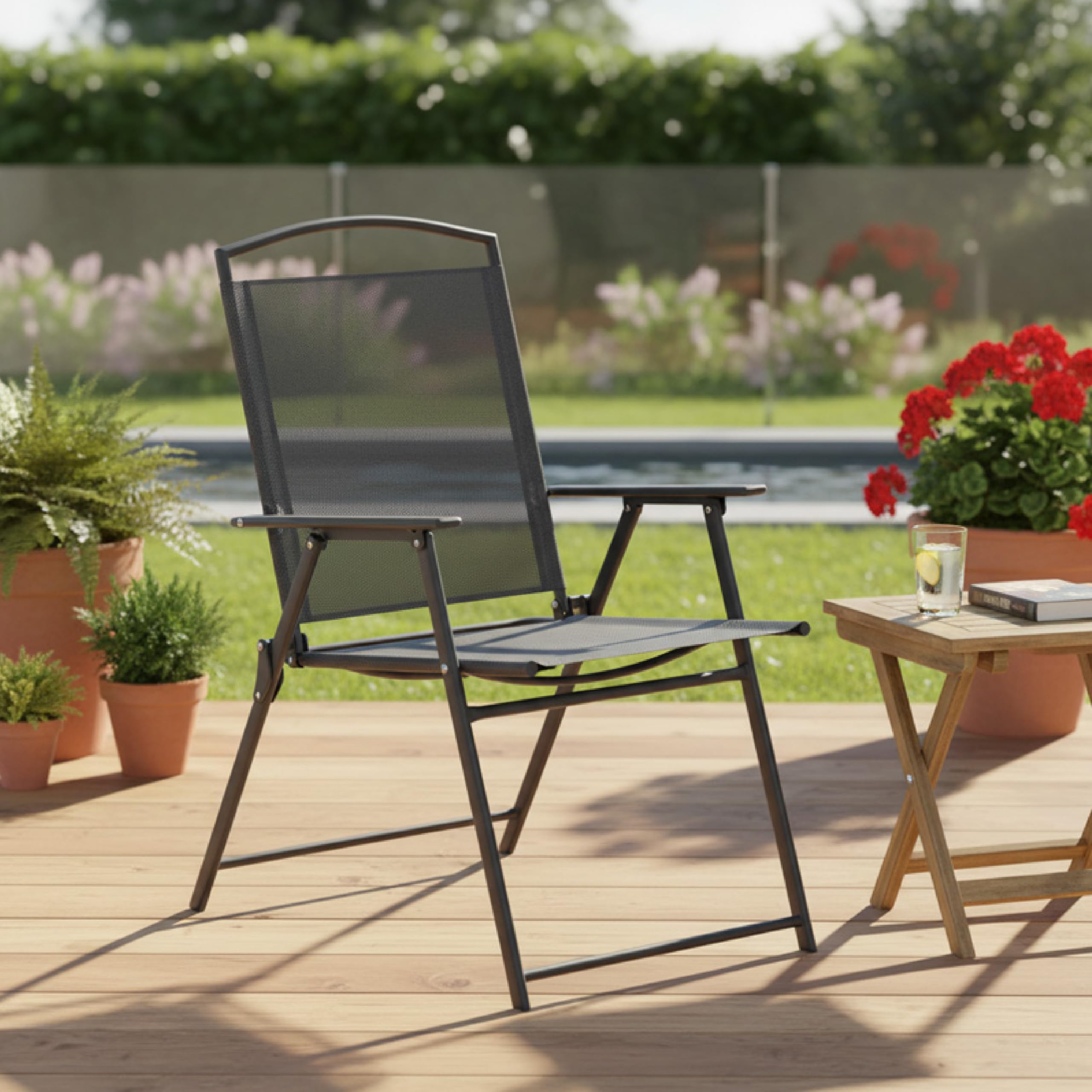 Baroni Home Set 4 Sedie da Giardino Pieghevoli Nere con Braccioli
