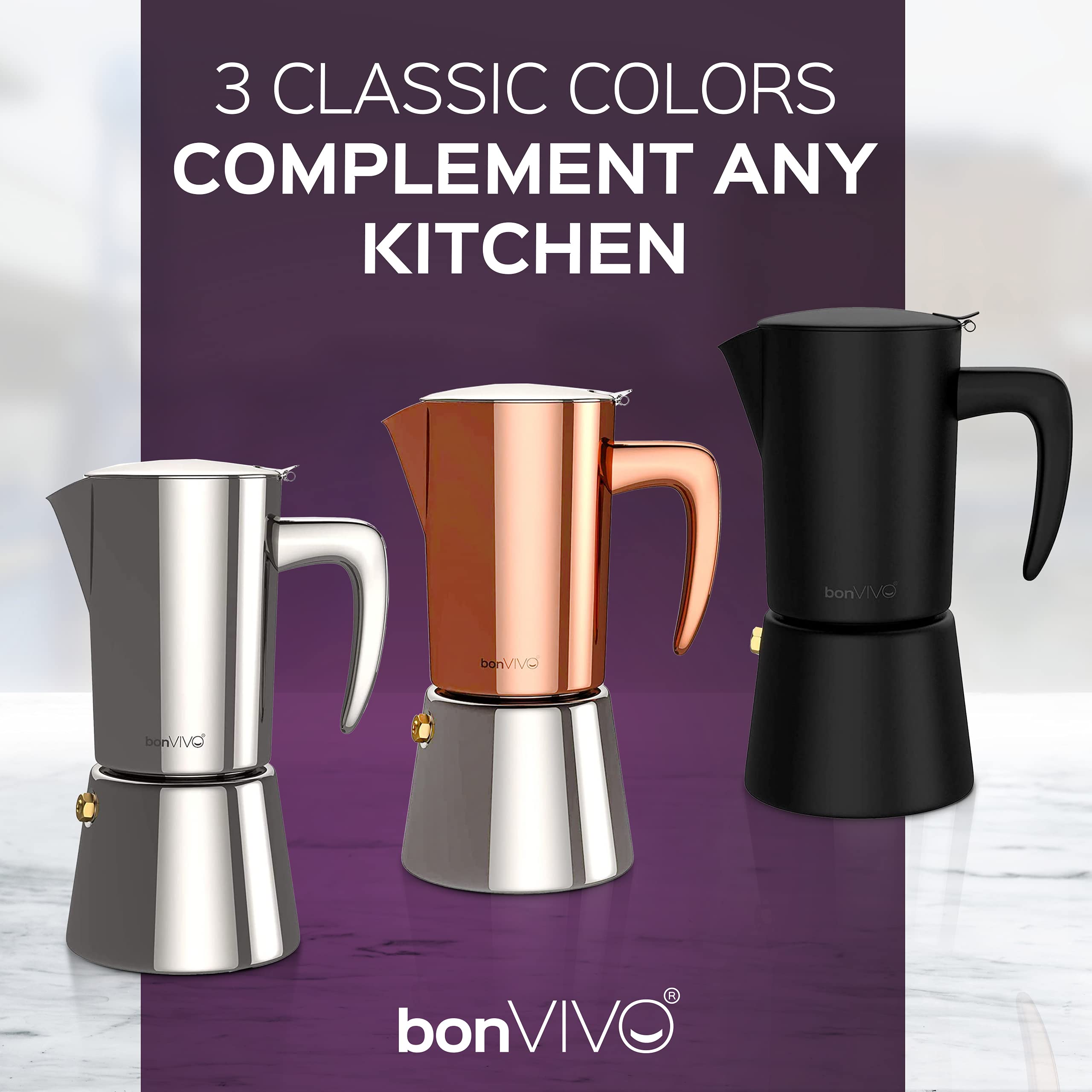 bonVIVO Moka 2 Tazze 100 ml Rame Induzione Acciaio Inox