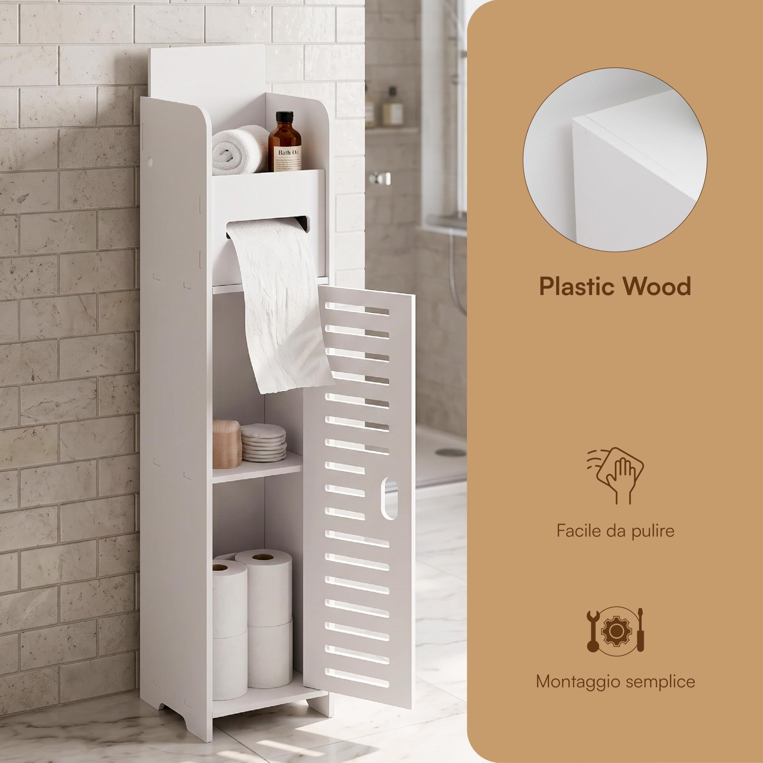 Baroni Home Mobiletto Porta Carta Igienica Anta Traforata 15x15x80 cm