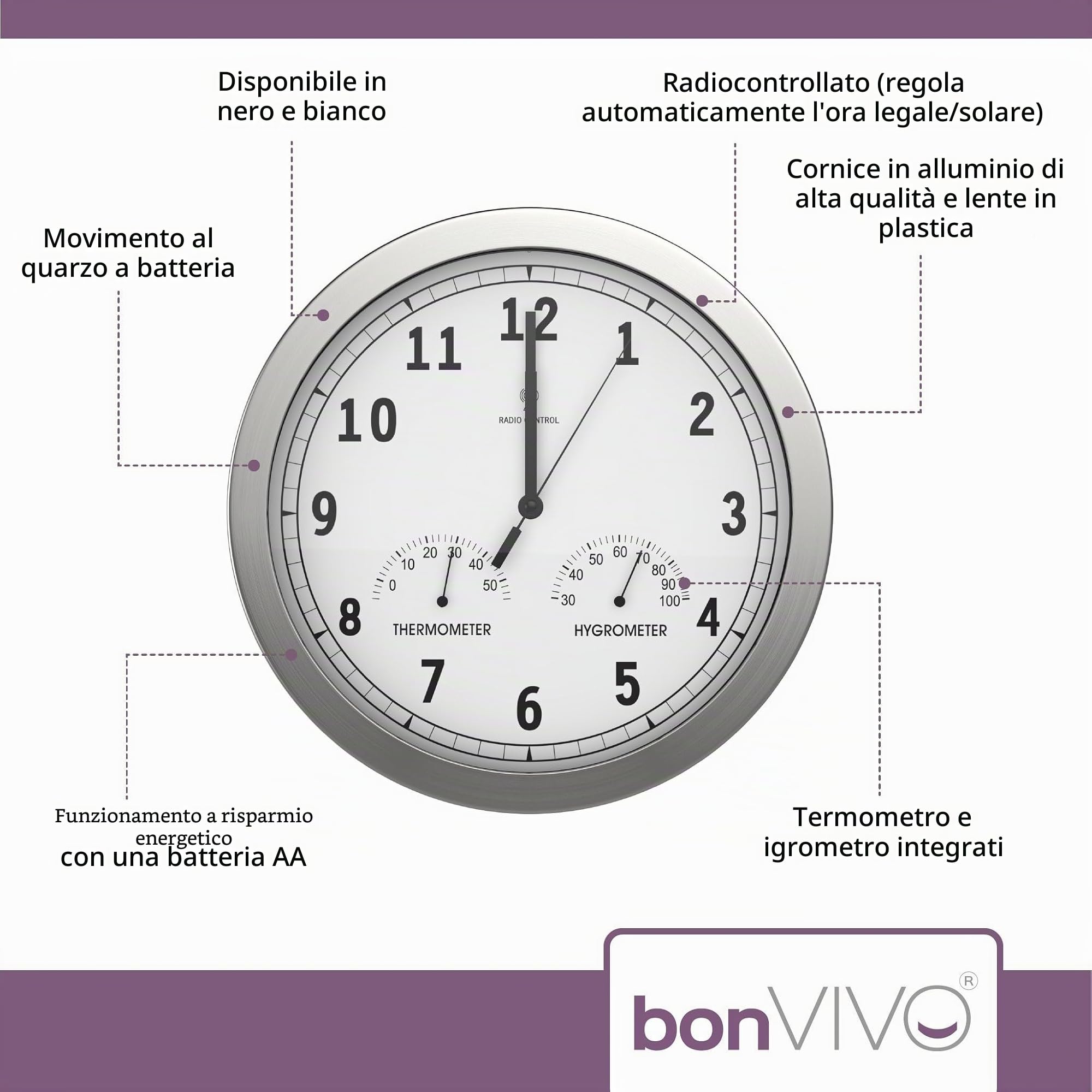 bonVIVO orologio da parete 30 cm radiocontrollato bianco silenzioso