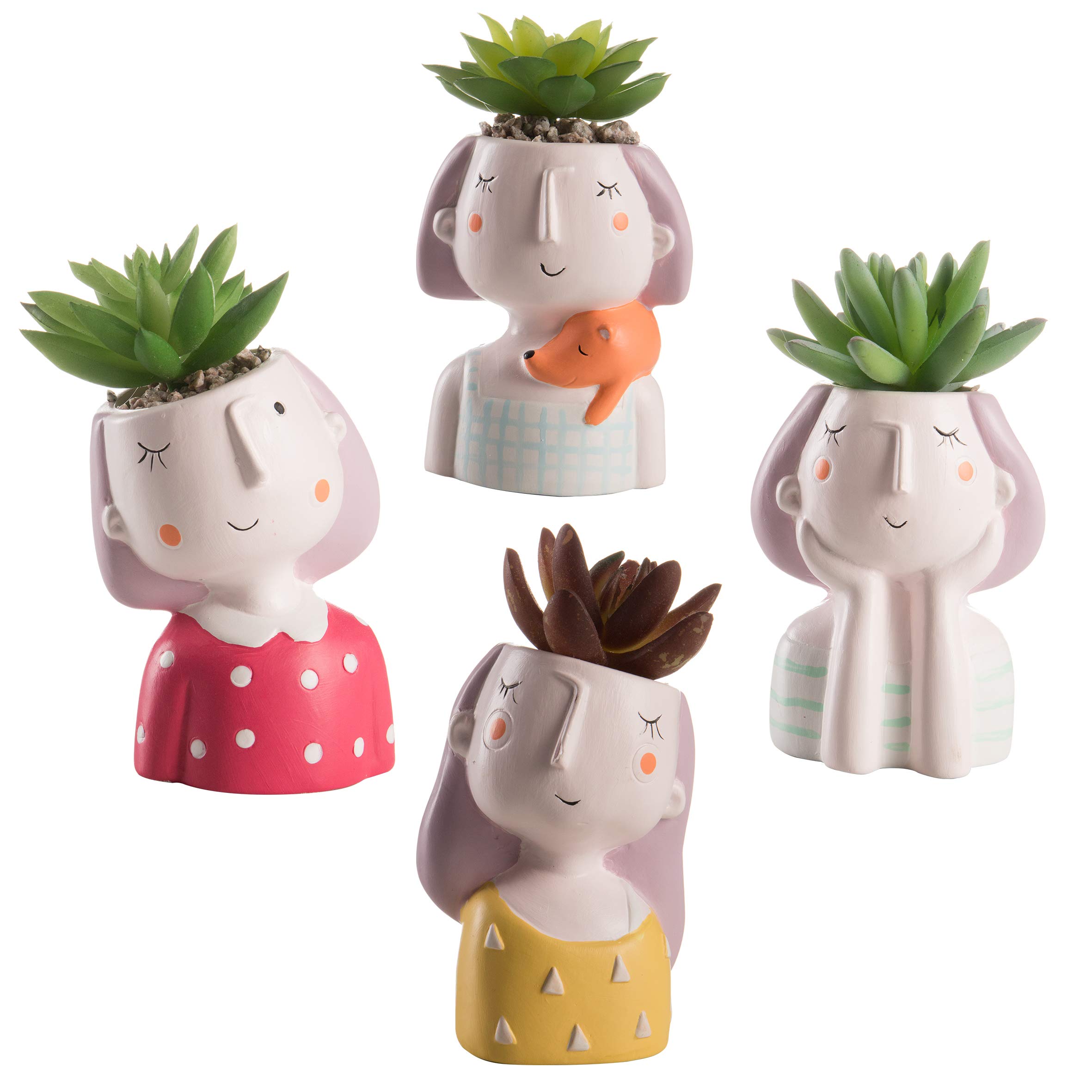 Baroni Set 4 Vasetti Testa Ceramica con Piantina 8x7x14 cm