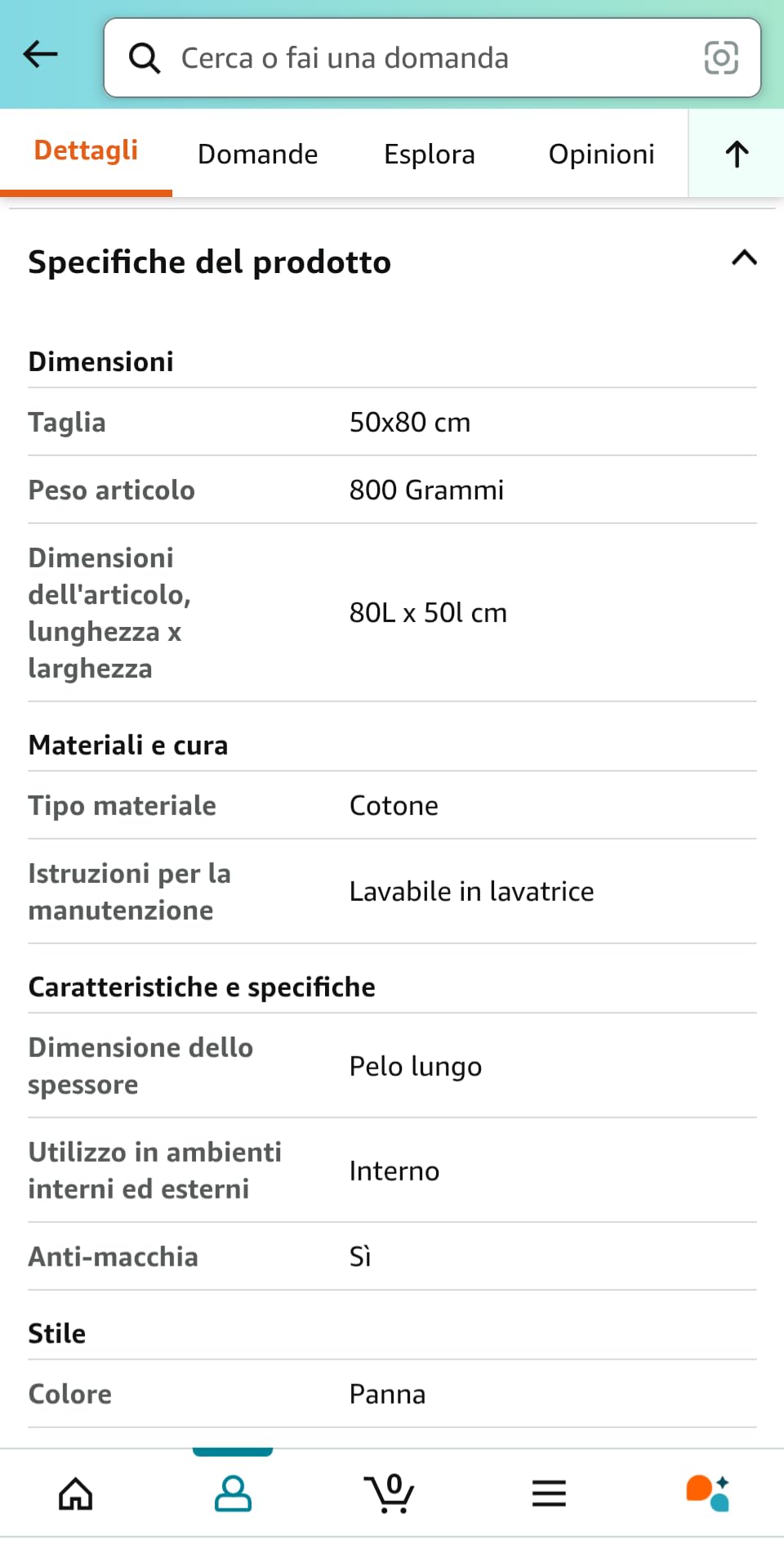 Baroni Home Tappeto Bagno Ciniglia Panna 50x80 cm Antiscivolo