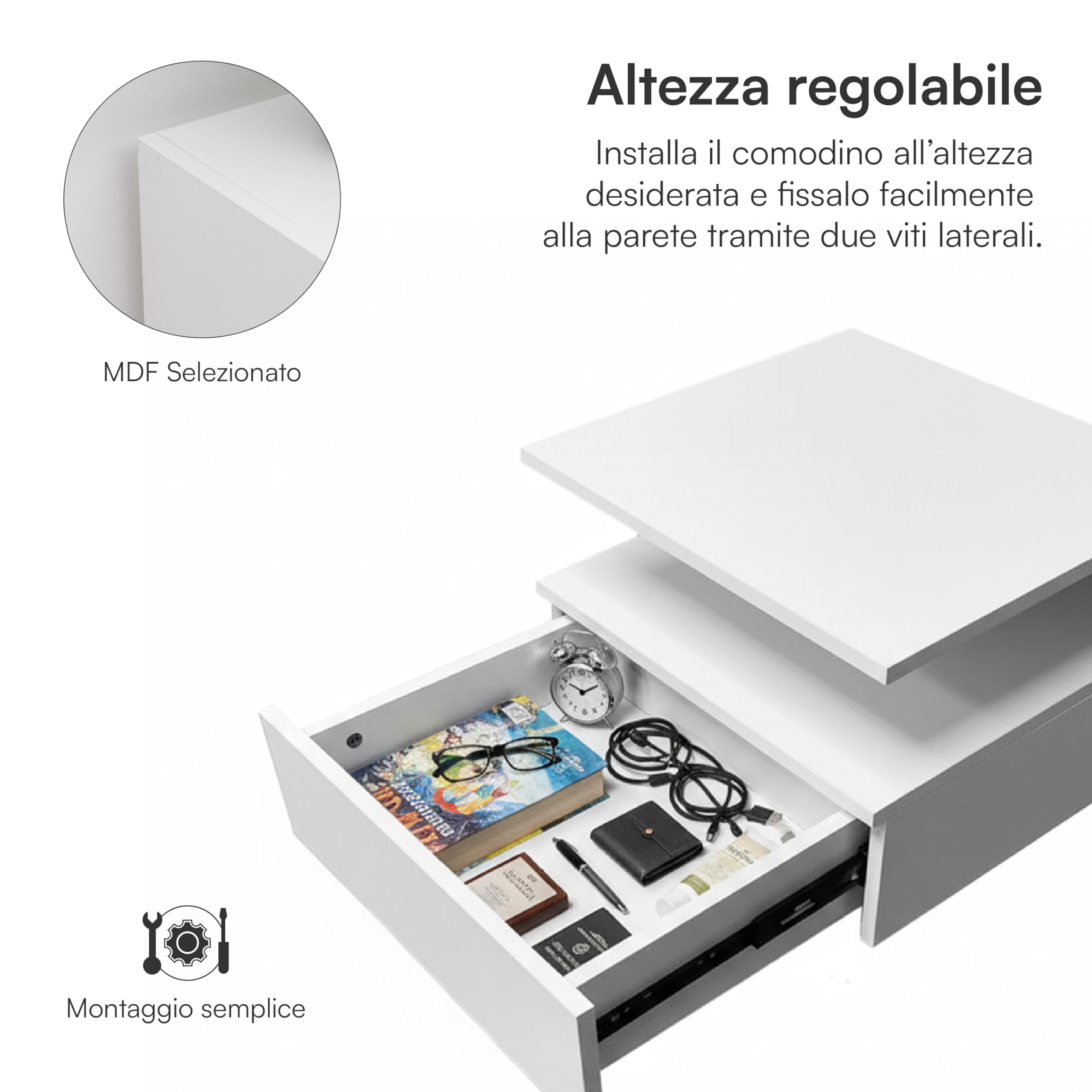 Baroni Home Set 2 Comodini Sospesi Bianchi con Cassetto