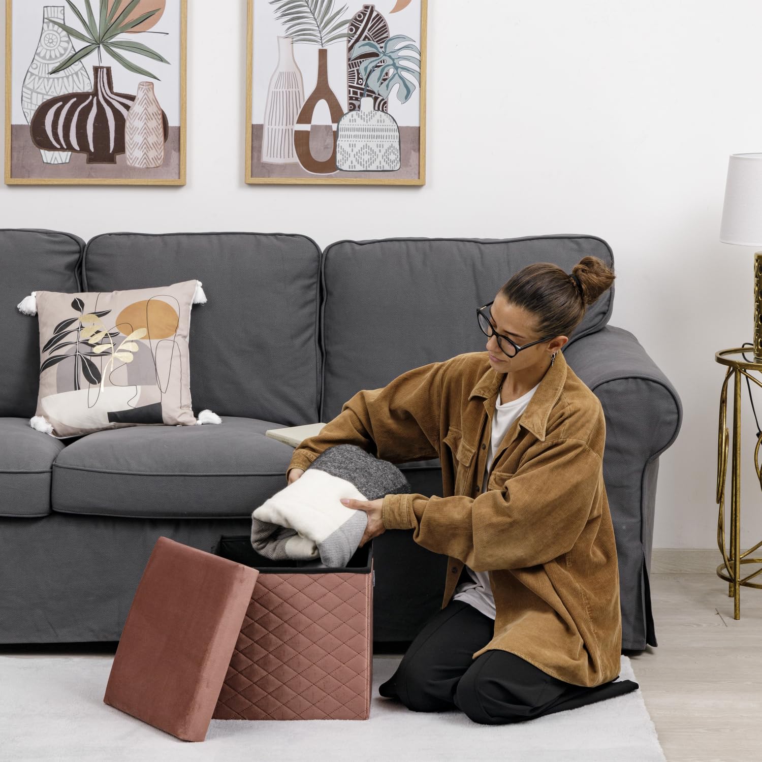 Baroni Home Pouf Contenitore Velluto Rosa Cipria 32x32x33 cm