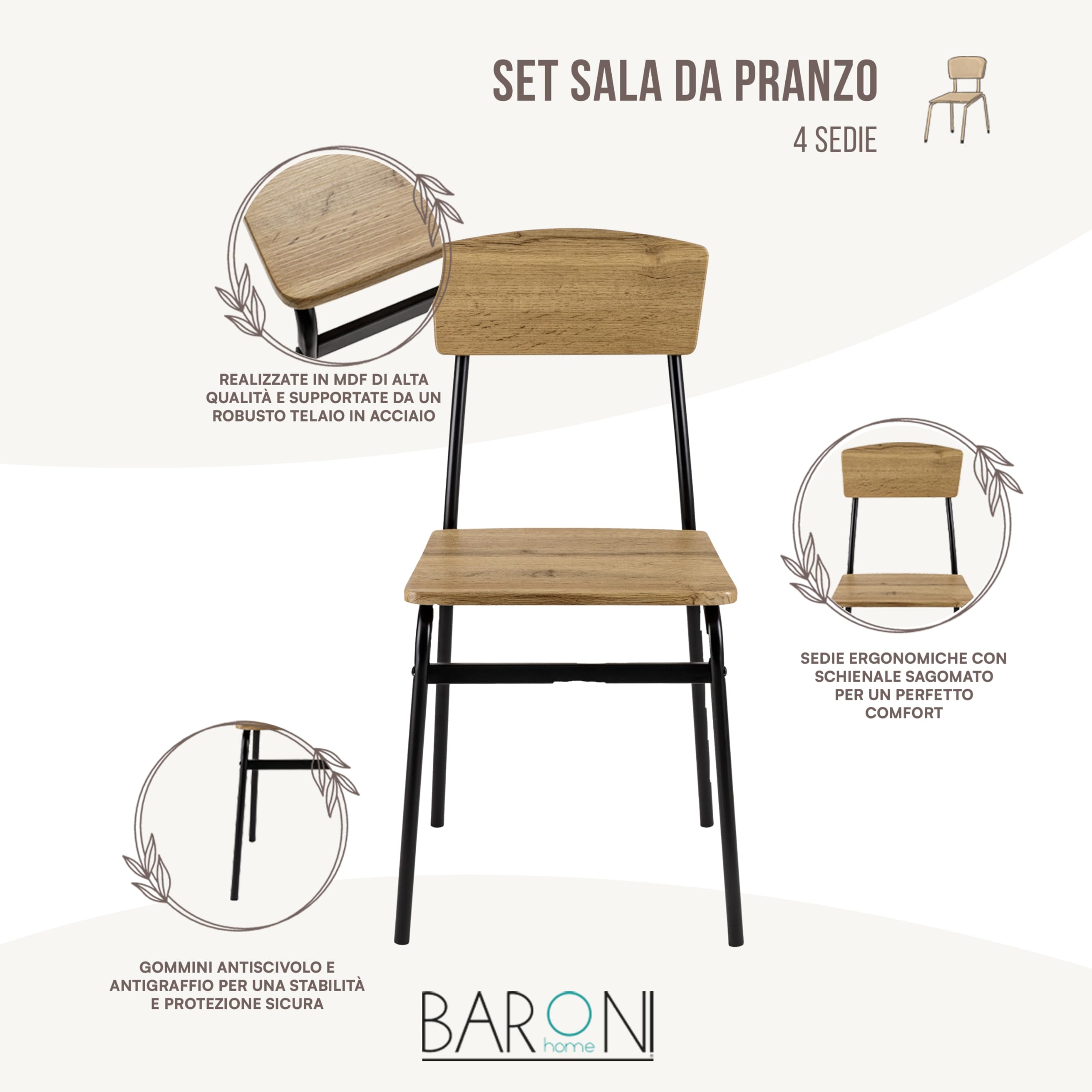 Baroni Home set 4 sedie pranzo nero effetto rovere MDF