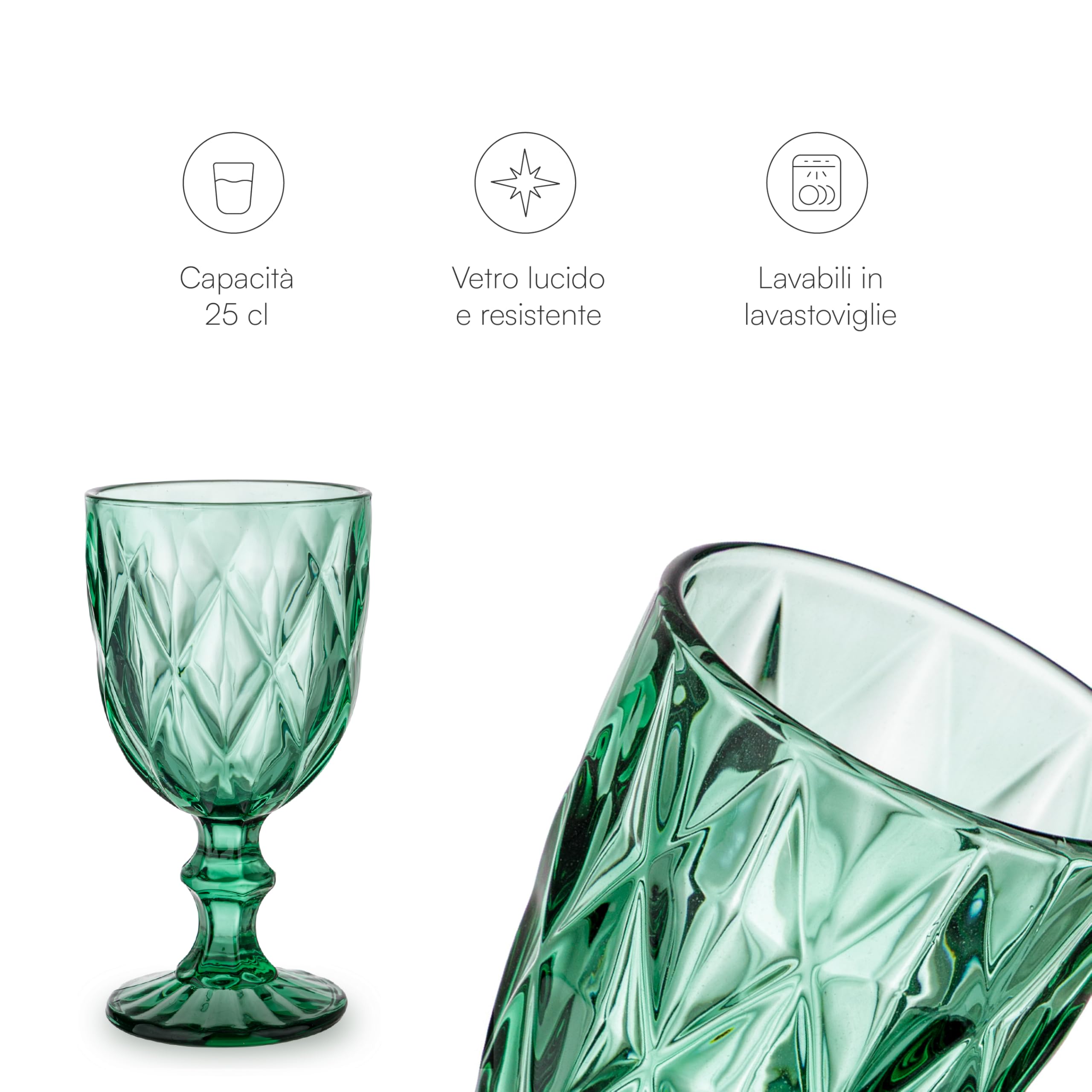Baroni Home Set 6 Calici Diamante Vetro Verde 27 cl