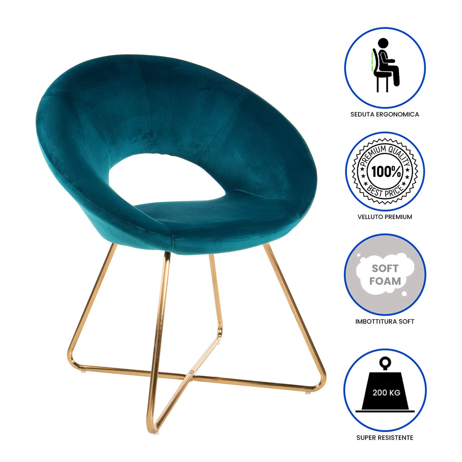 Baroni Home Montemaggi poltrona velluto petrolio gambe oro