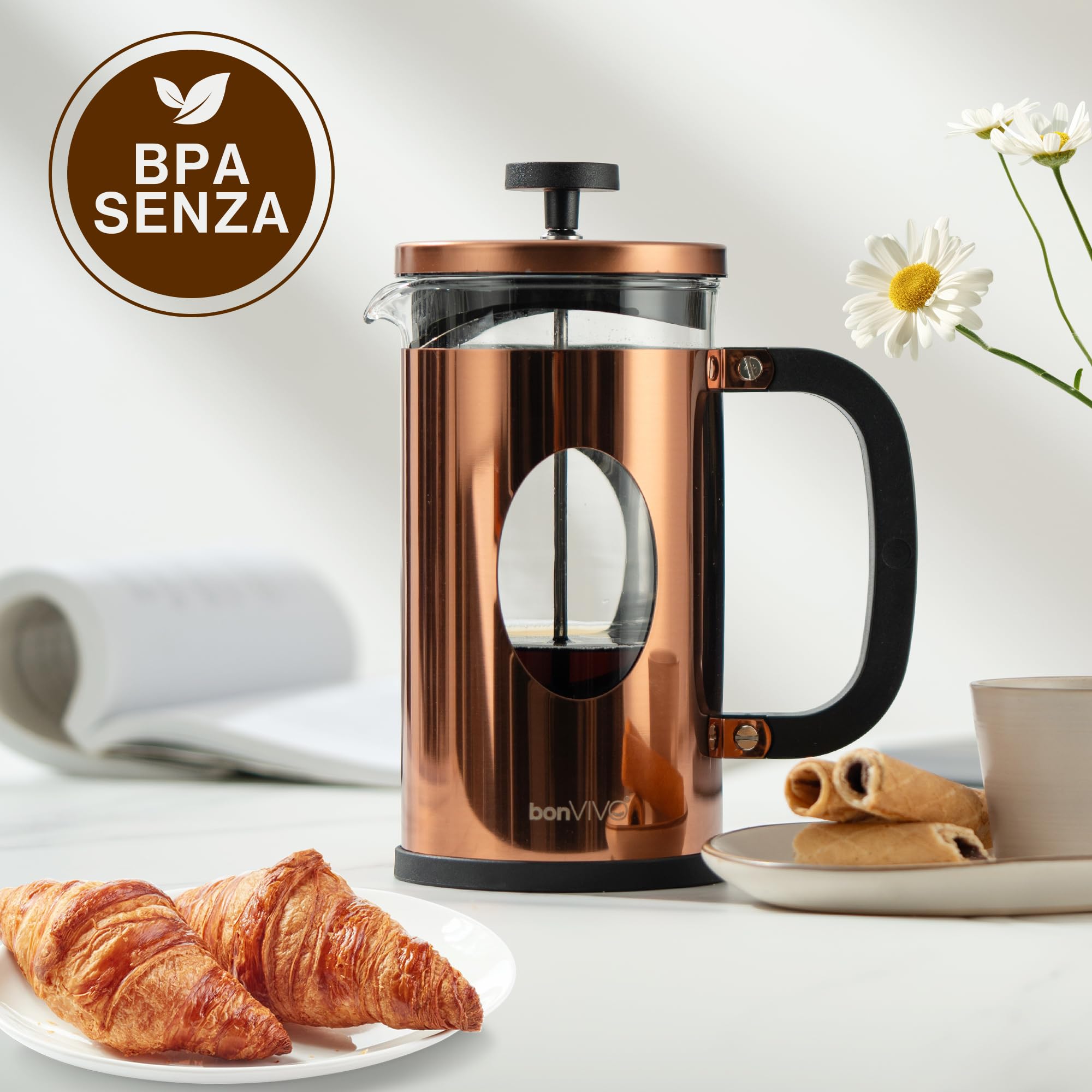 bonVIVO French Press Caffettiera Stantuffo Rame 8 Tazze Vetro