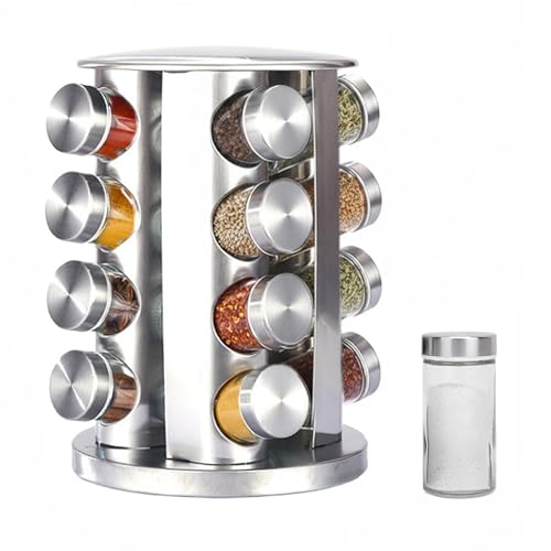 Baroni Home Portaspezie Girevole 360° 16 Barattoli Vetro Acciaio