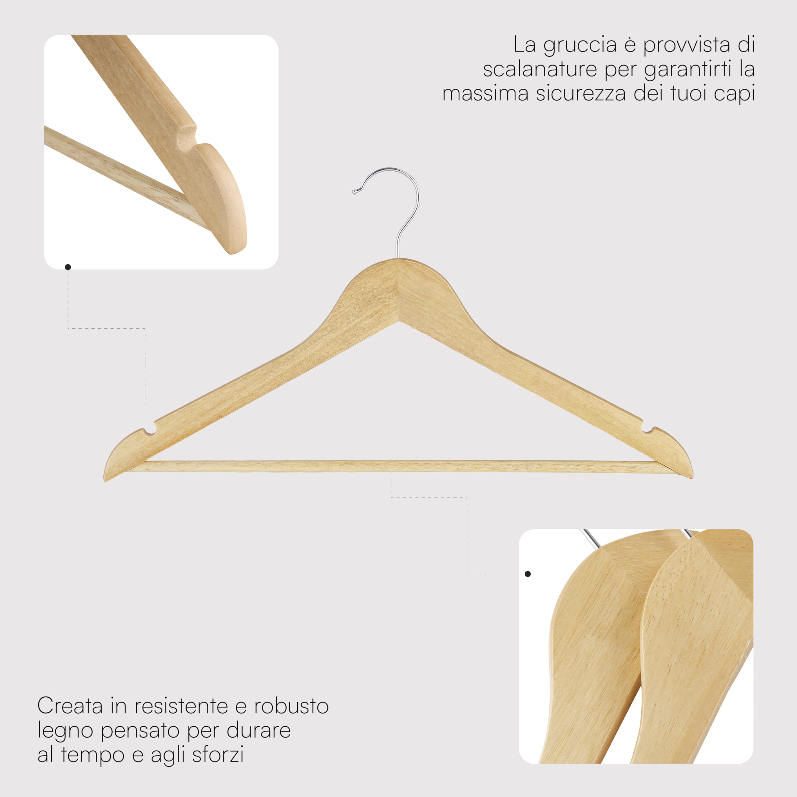 Baroni Home Grucce Legno appendiabiti naturali 20 pezzi 45 cm