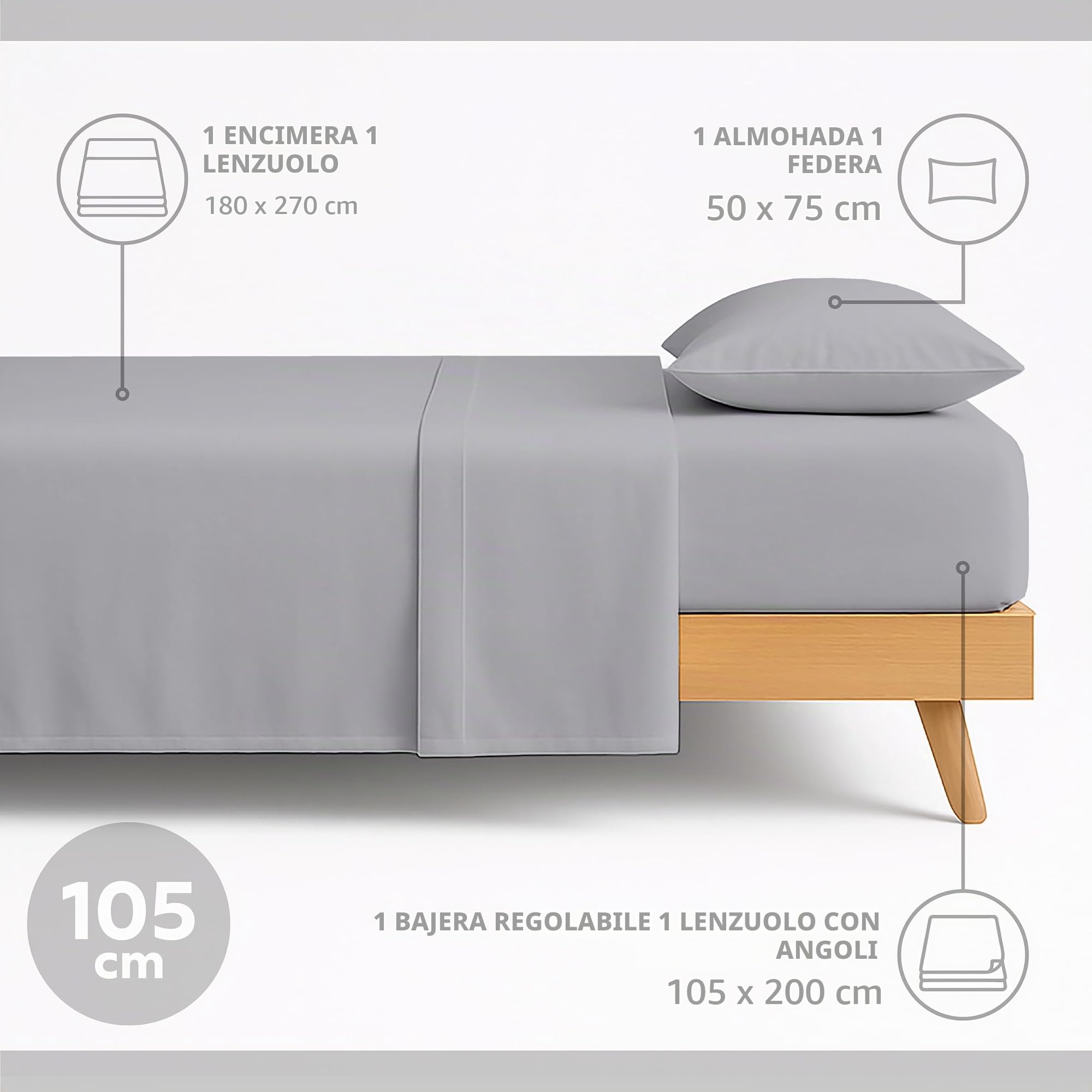 Textilhome EasyCosy Set Lenzuola Singolo 105x200 Grigio Chiaro 3 Pezzi