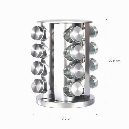 Baroni Home Portaspezie Girevole 360° 16 Barattoli Vetro Acciaio