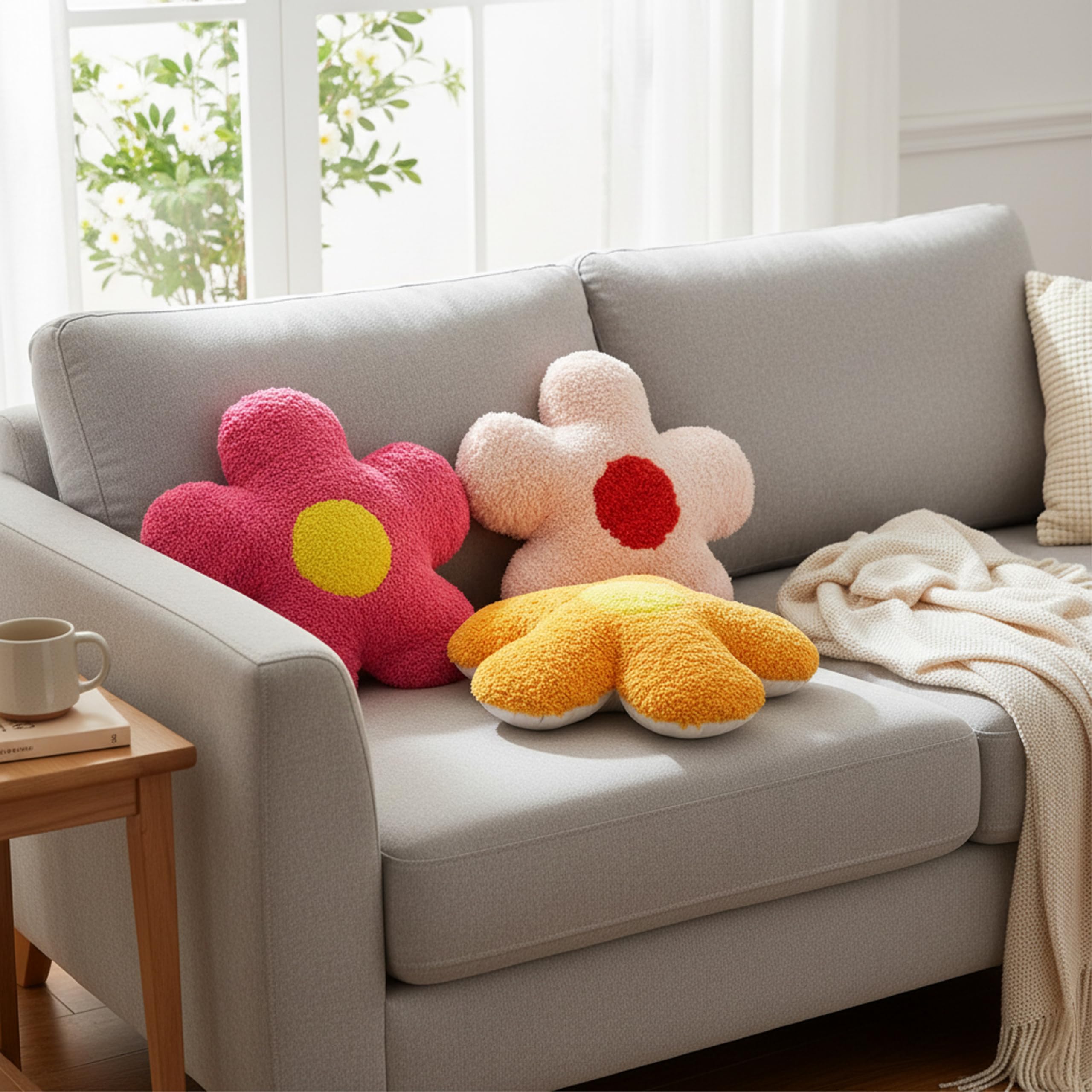 Baroni Home Set 3 Cuscini Fiori Teddy 36x36 cm rosa giallo bianco