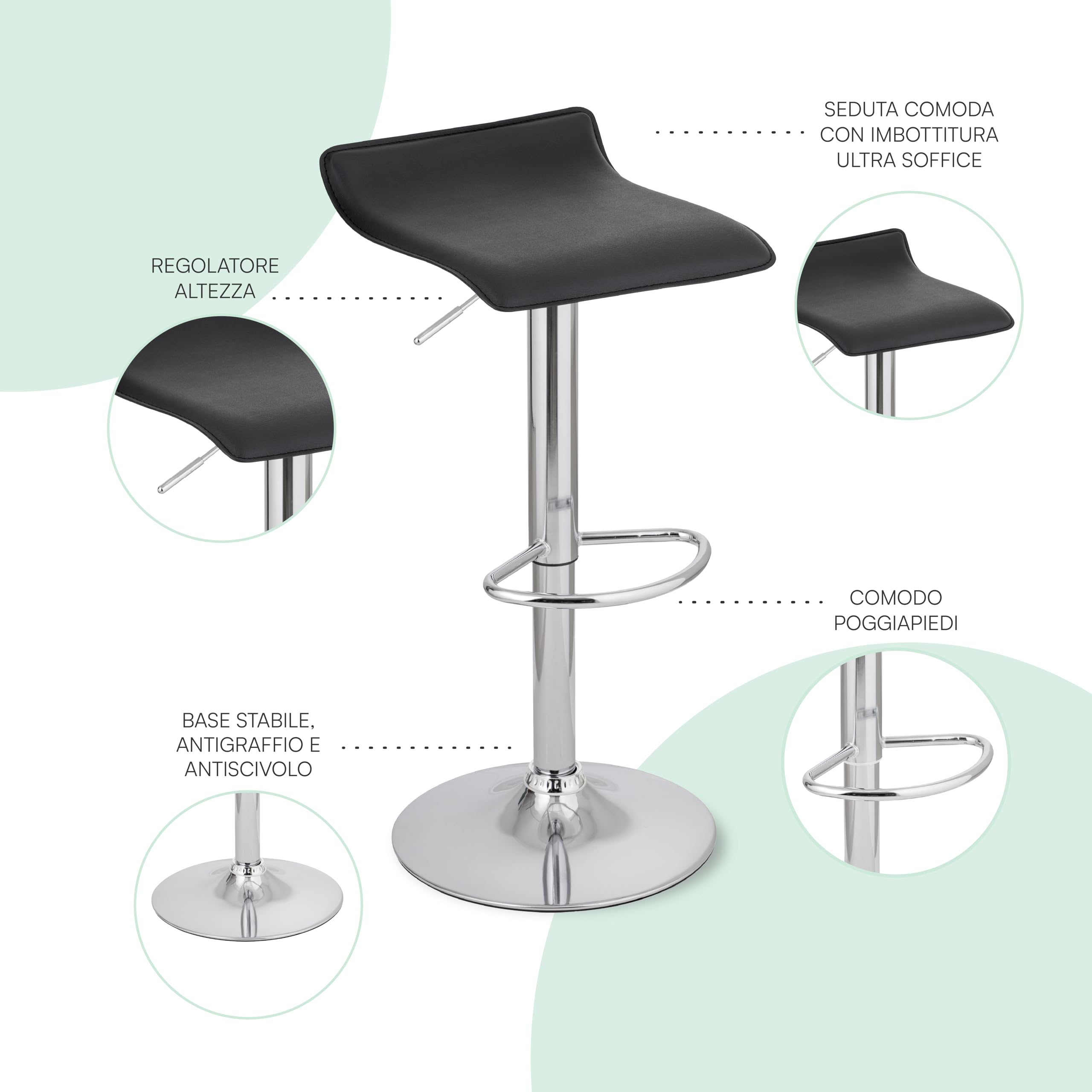 Baroni Home Set 2 Sgabelli Bar Girevoli Neri Altezza Regolabile