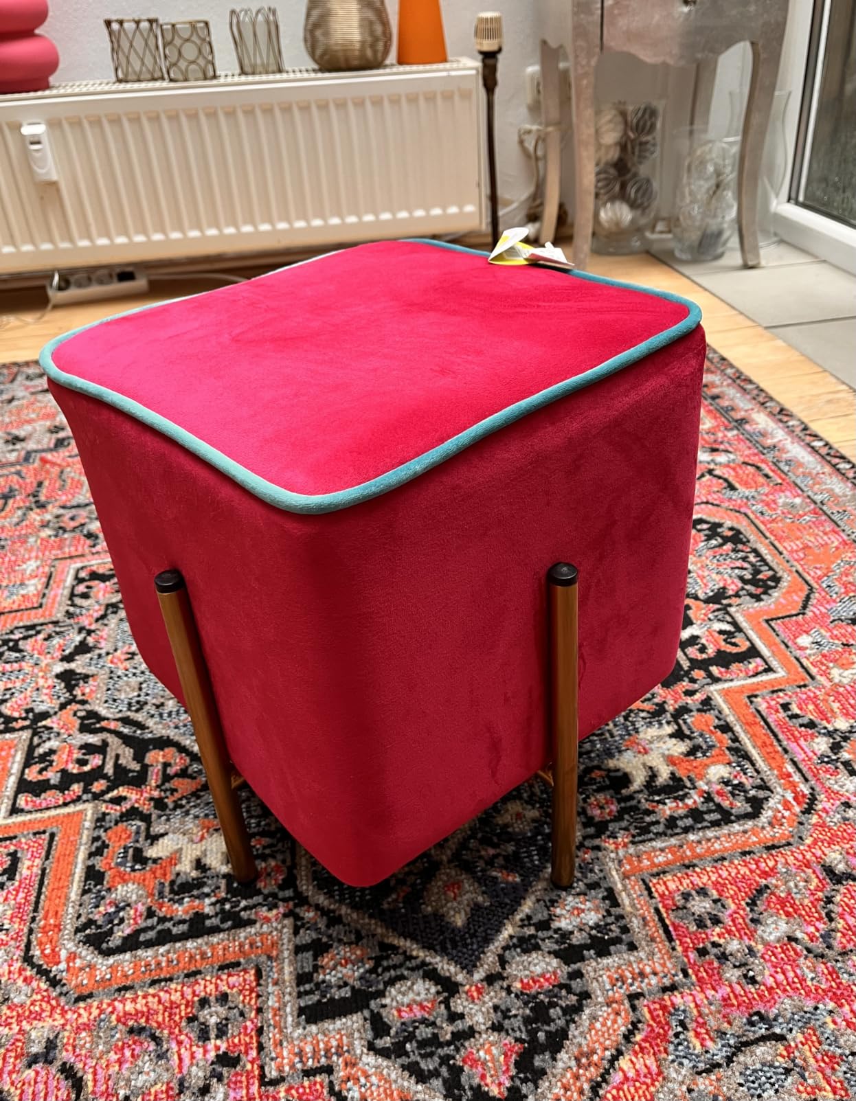Baroni Home Pouf Velluto Fucsia Bordo Turchese 33x33x38 cm