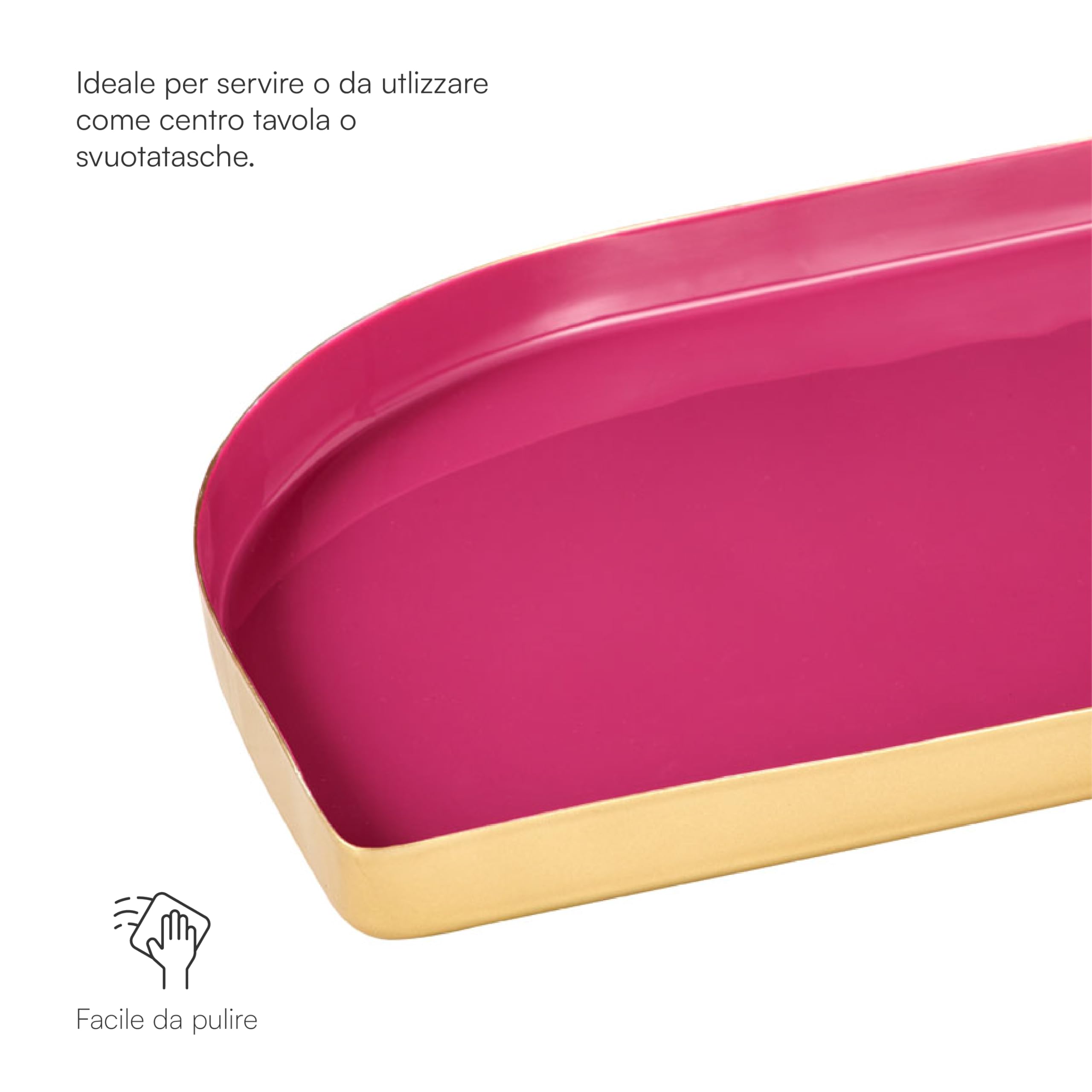 Baroni Home Petalo Vassoio Metallo Oro e Fucsia 32x24x2 cm