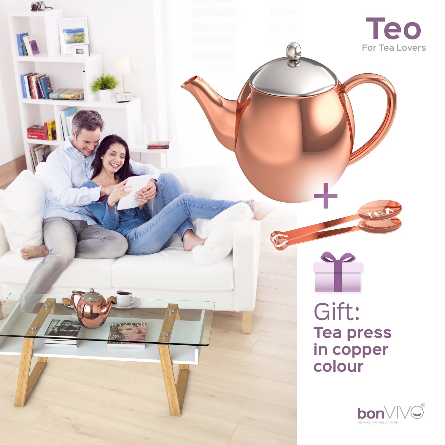 bonVIVO TEO teiera acciaio inox rame 1200 ml con stantuffo