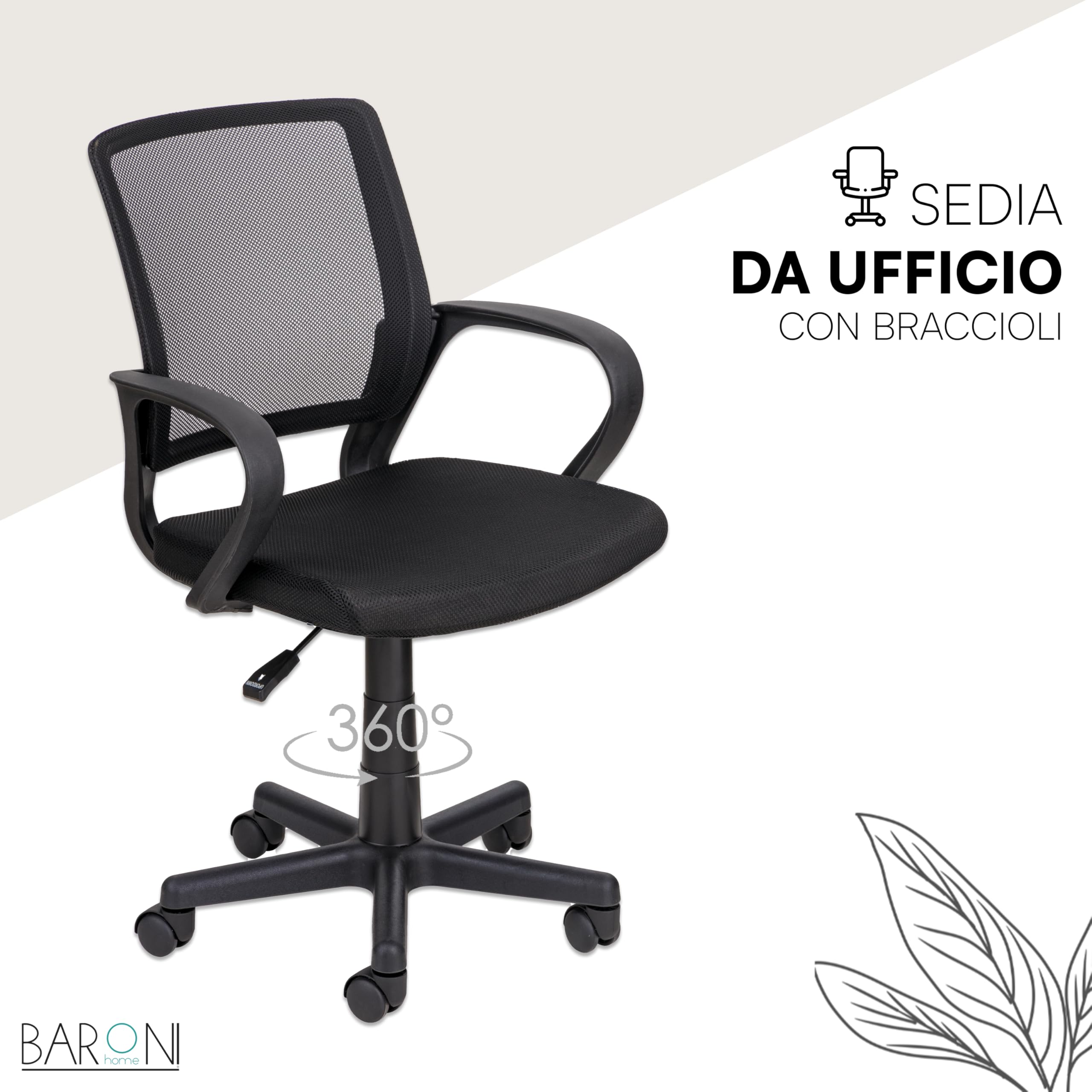 Baroni Home Sedia Ufficio Nera Ergonomica 55x48x91 cm