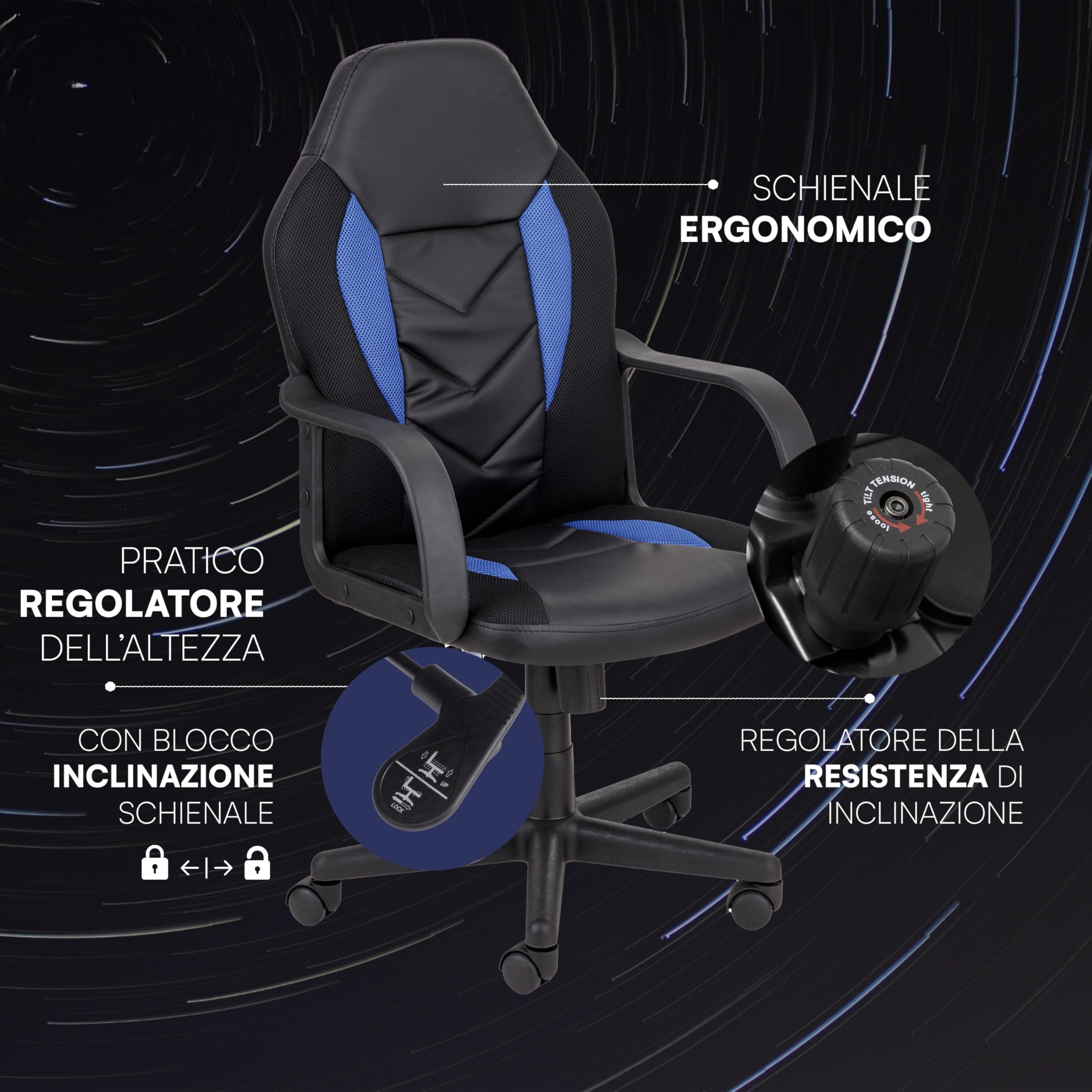 Baroni Home Sedia Gaming Ergonomica Blu Girevole