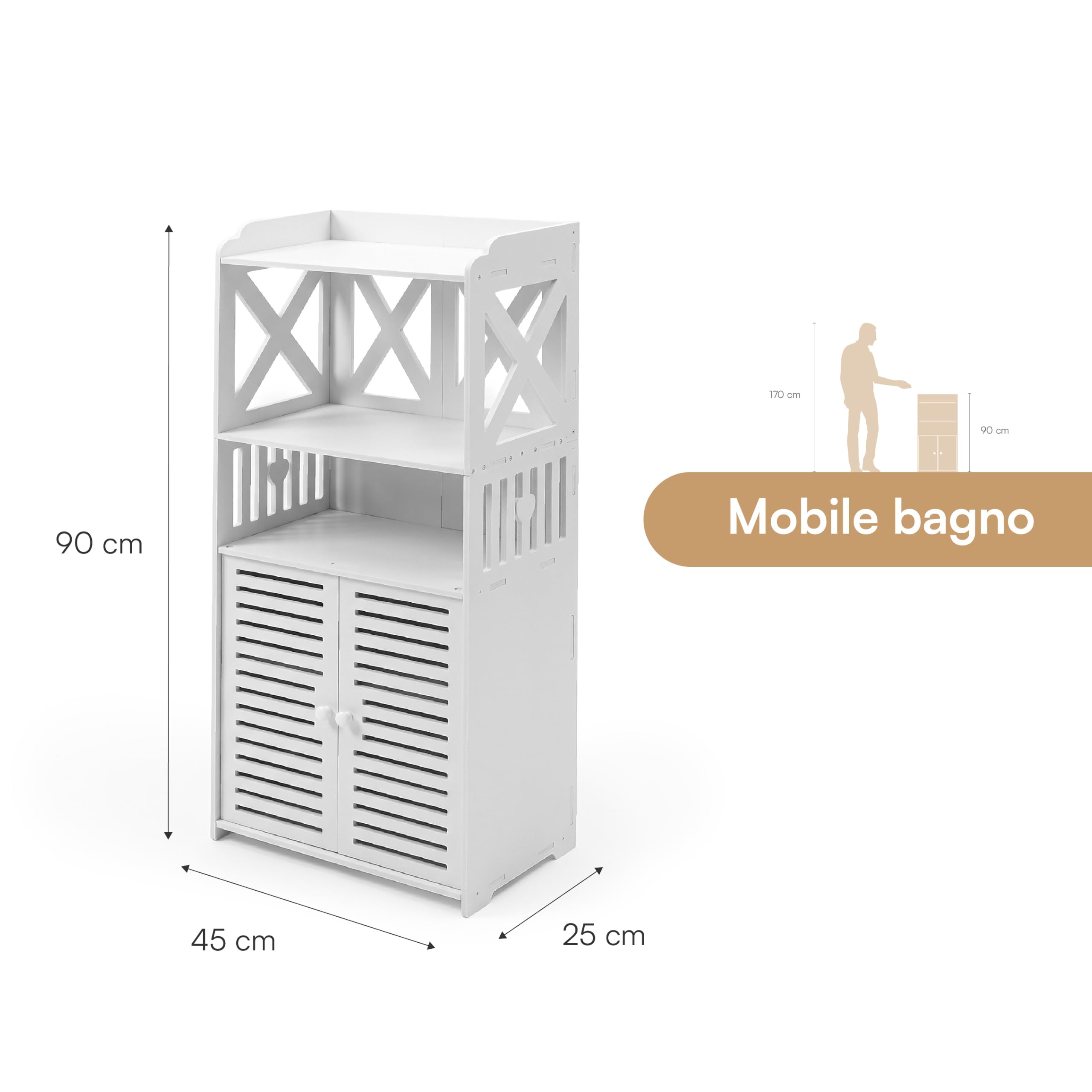 Baroni Home Mobiletto Bagno 2 Ante Alte 3 Ripiani 45x25x90 cm