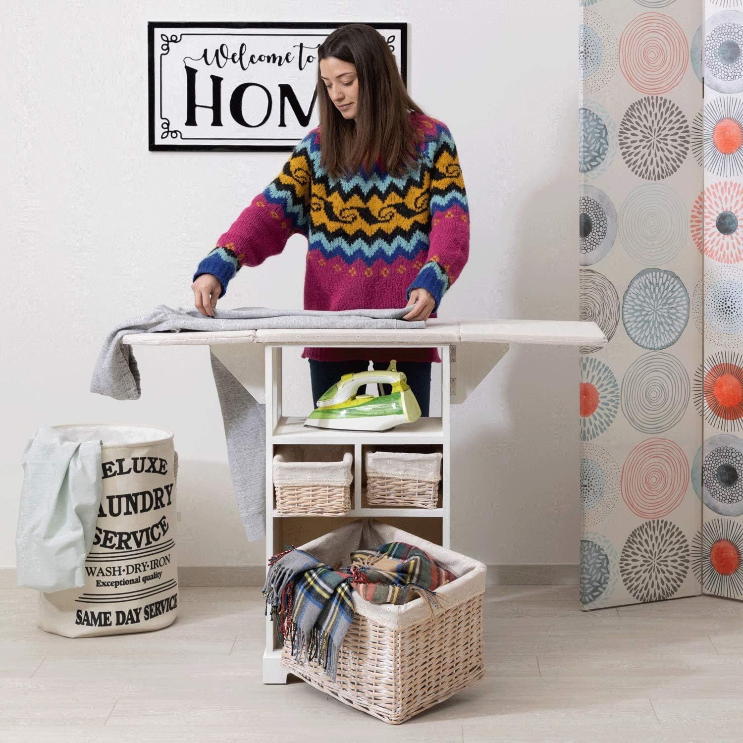 Baroni Home Mobile da Stiro Bianco 3 Cesti 54x36x86 cm