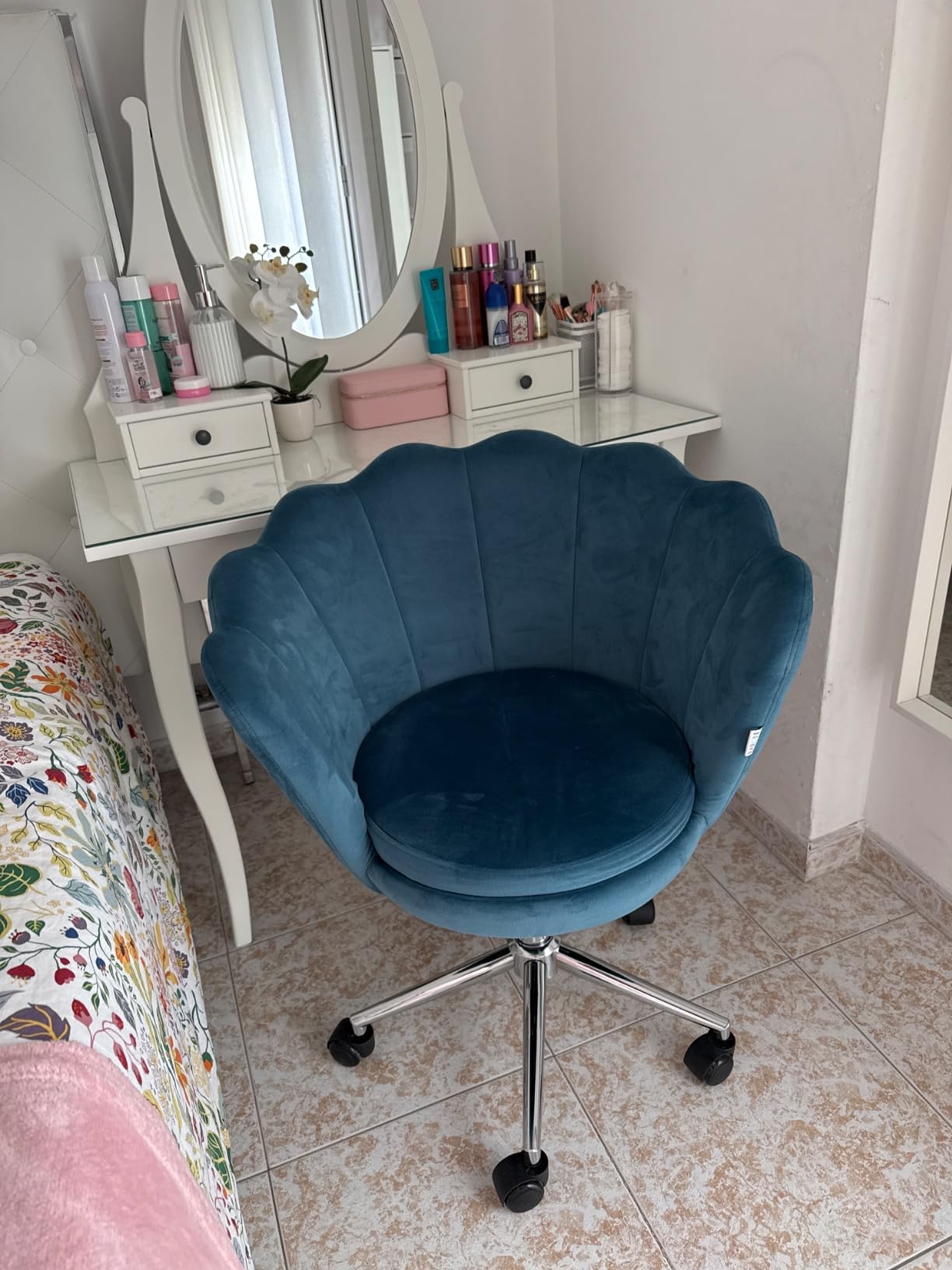 Baroni Home Poltrona Velluto Rosa Cipria con Ruote 69cm