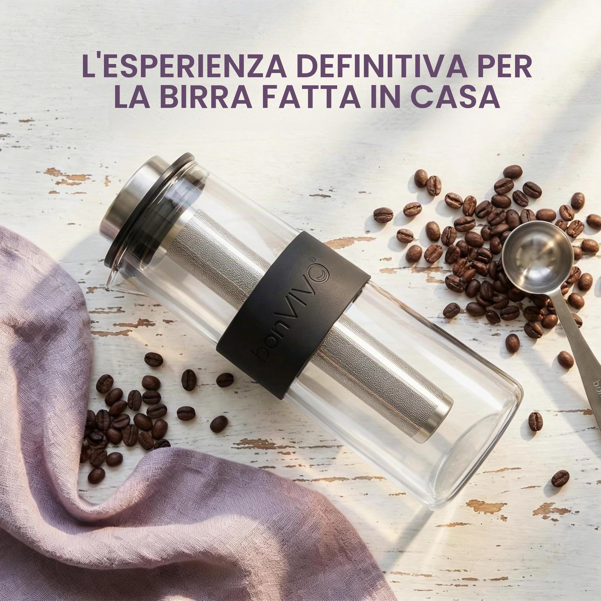 bonVIVO Cold Brew Caraffa Vetro 1L con Filtro Acciaio