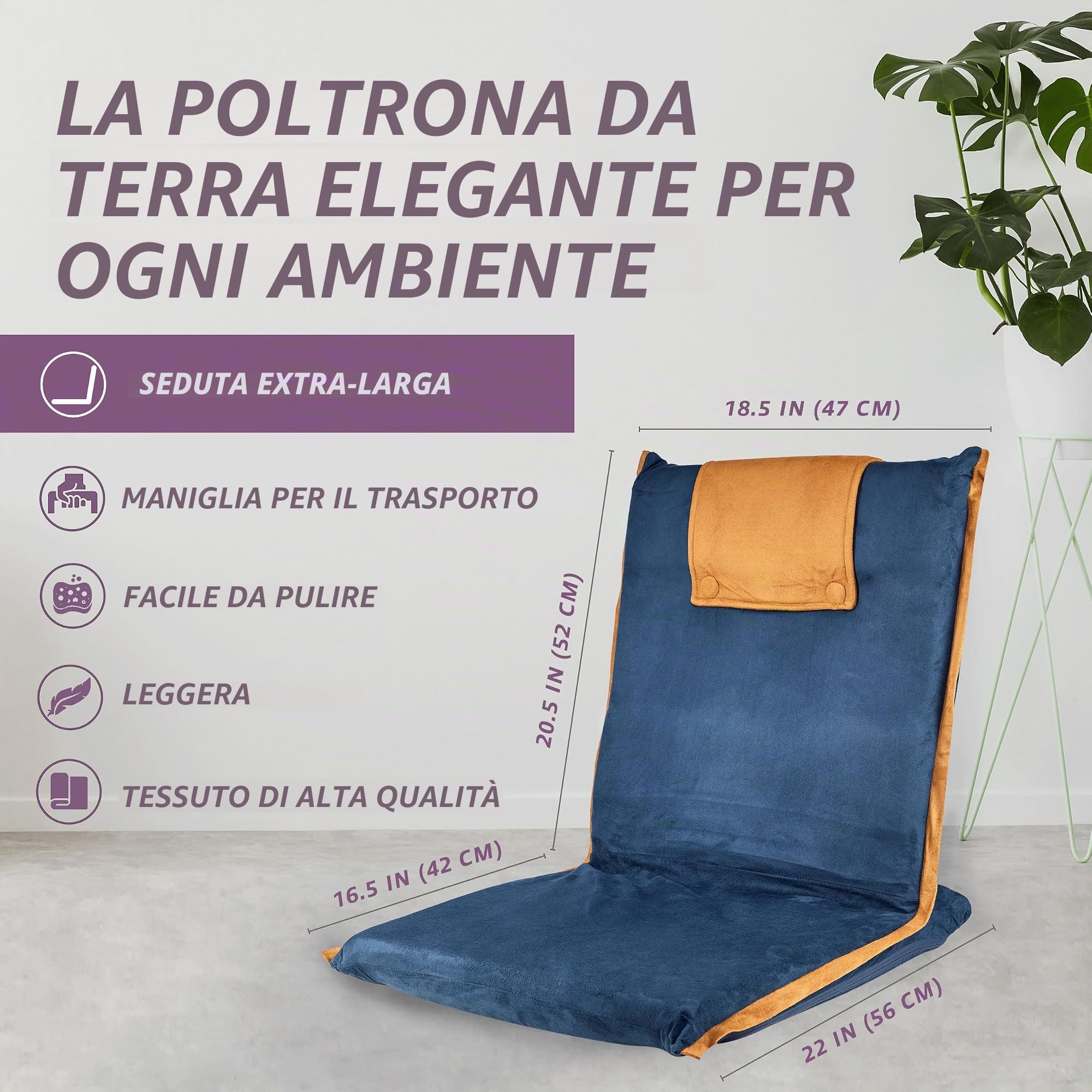 bonVIVO Easy III sedia pavimento pieghevole blu schienale reclinabile