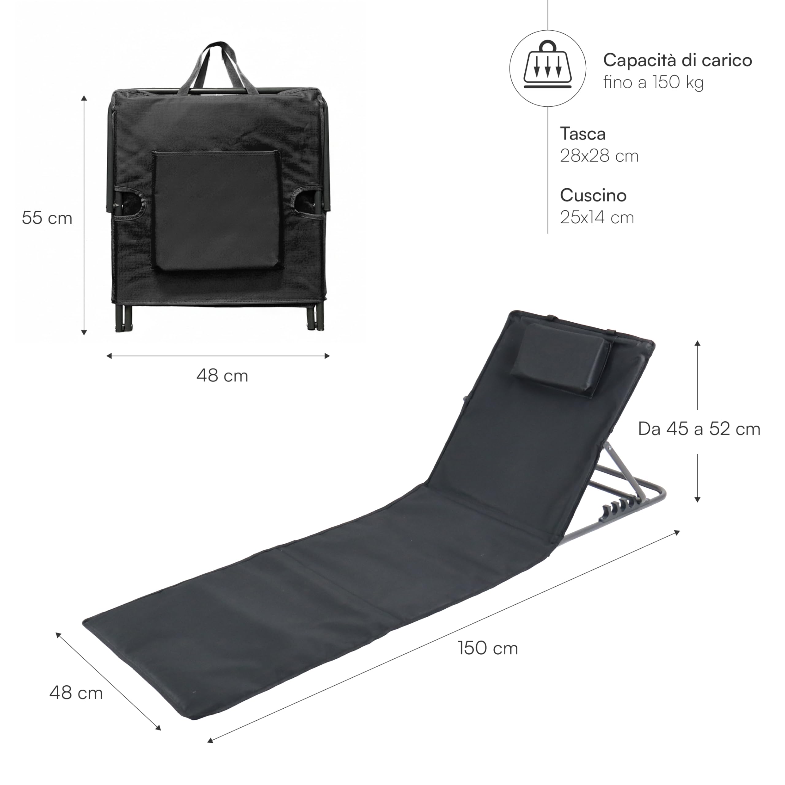 Baroni Home Lettino prendisole pieghevole nero 48x150x52 cm