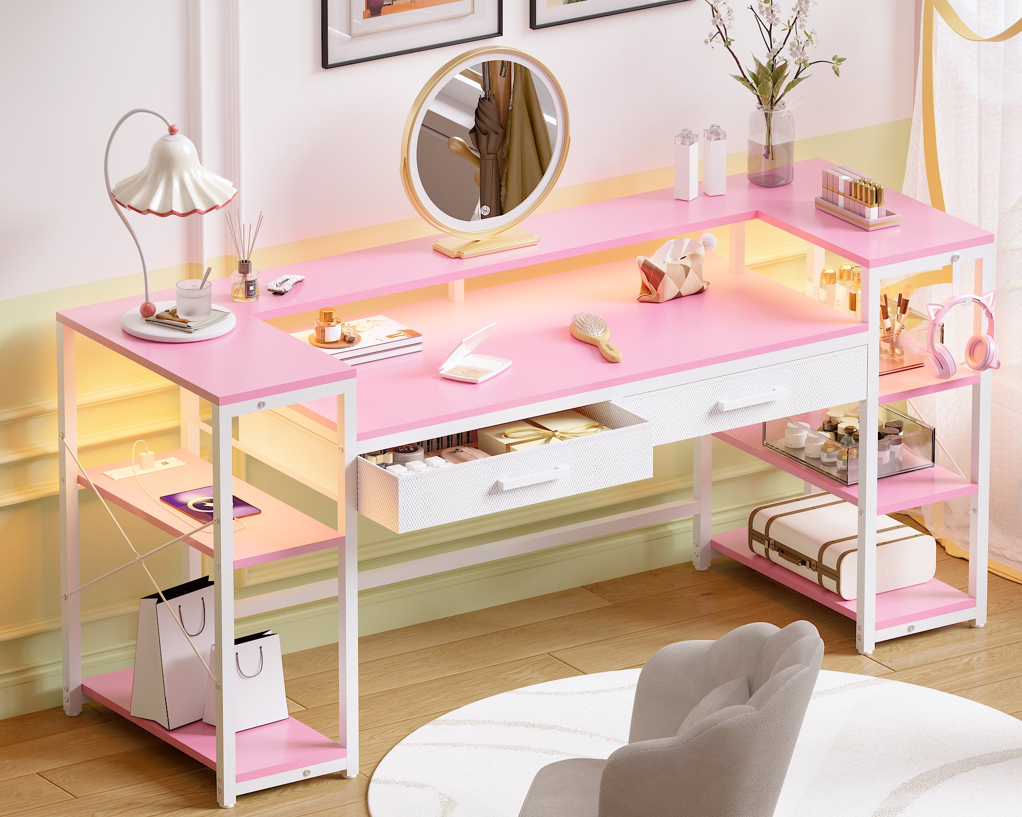 Pamray 58 Pollici Scrivania Gaming Marrone 147 cm con LED