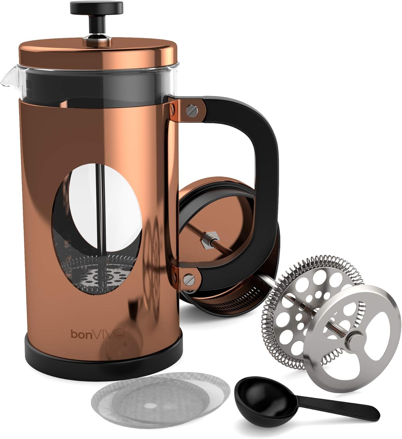 bonVIVO French Press Caffettiera Stantuffo Rame 8 Tazze Vetro
