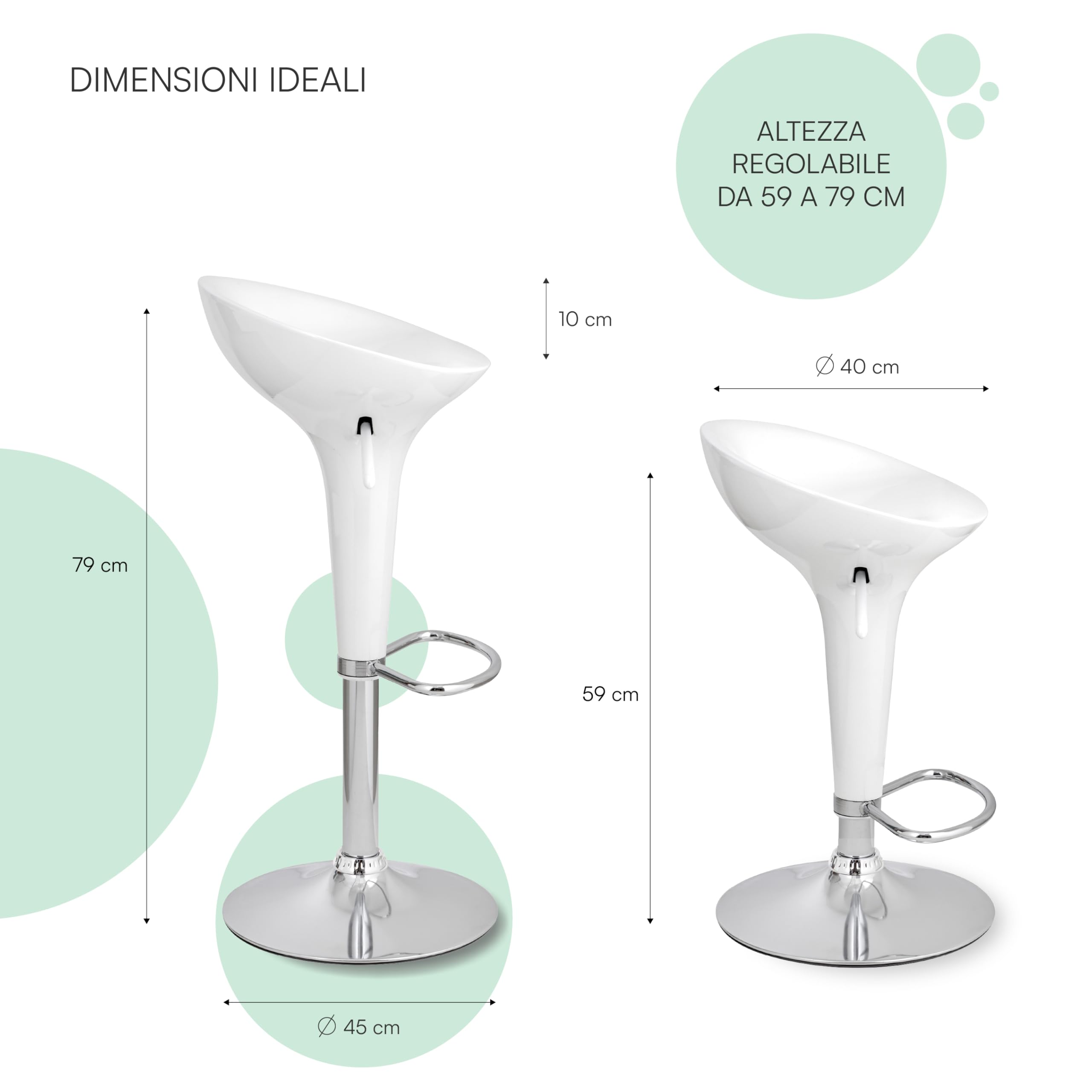 Baroni Home Sgabello Bar Girevole Bianco 2 Pezzi Altezza Regolabile