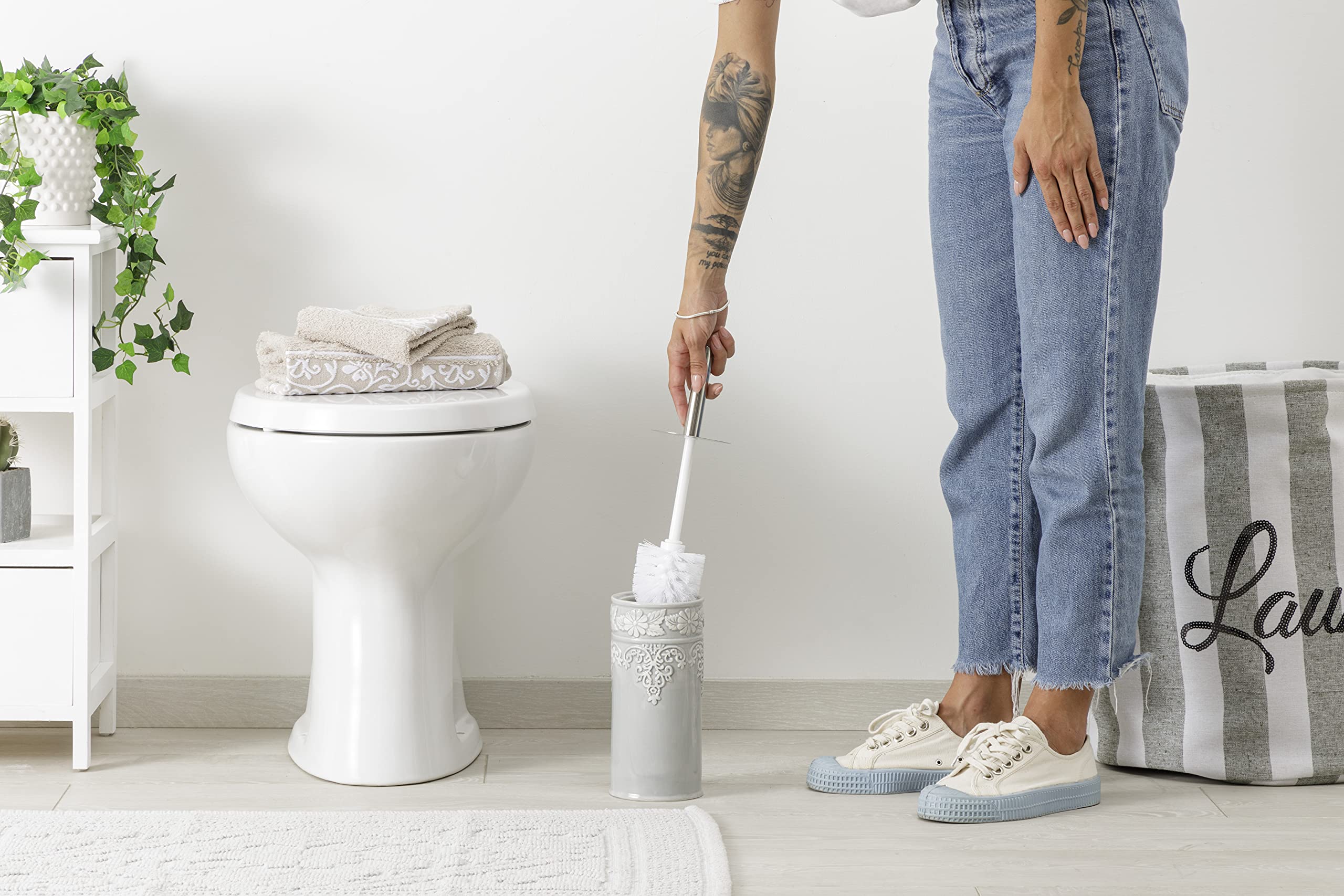 Baroni Home Scopino WC Ceramica 10x10x32 cm Grigio Decoro
