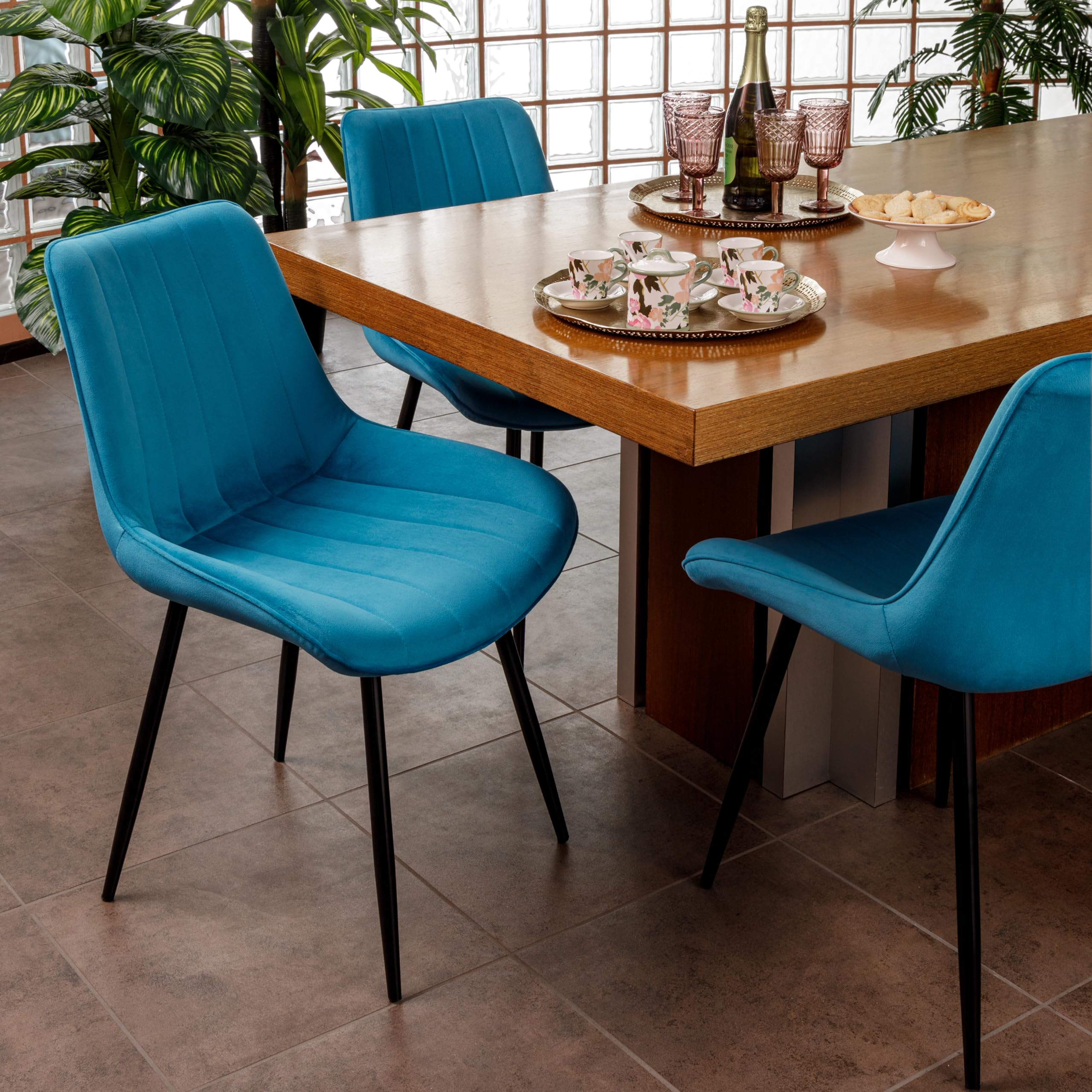 Baroni Home set 4 sedie velluto blu petrolio 53x86 cm