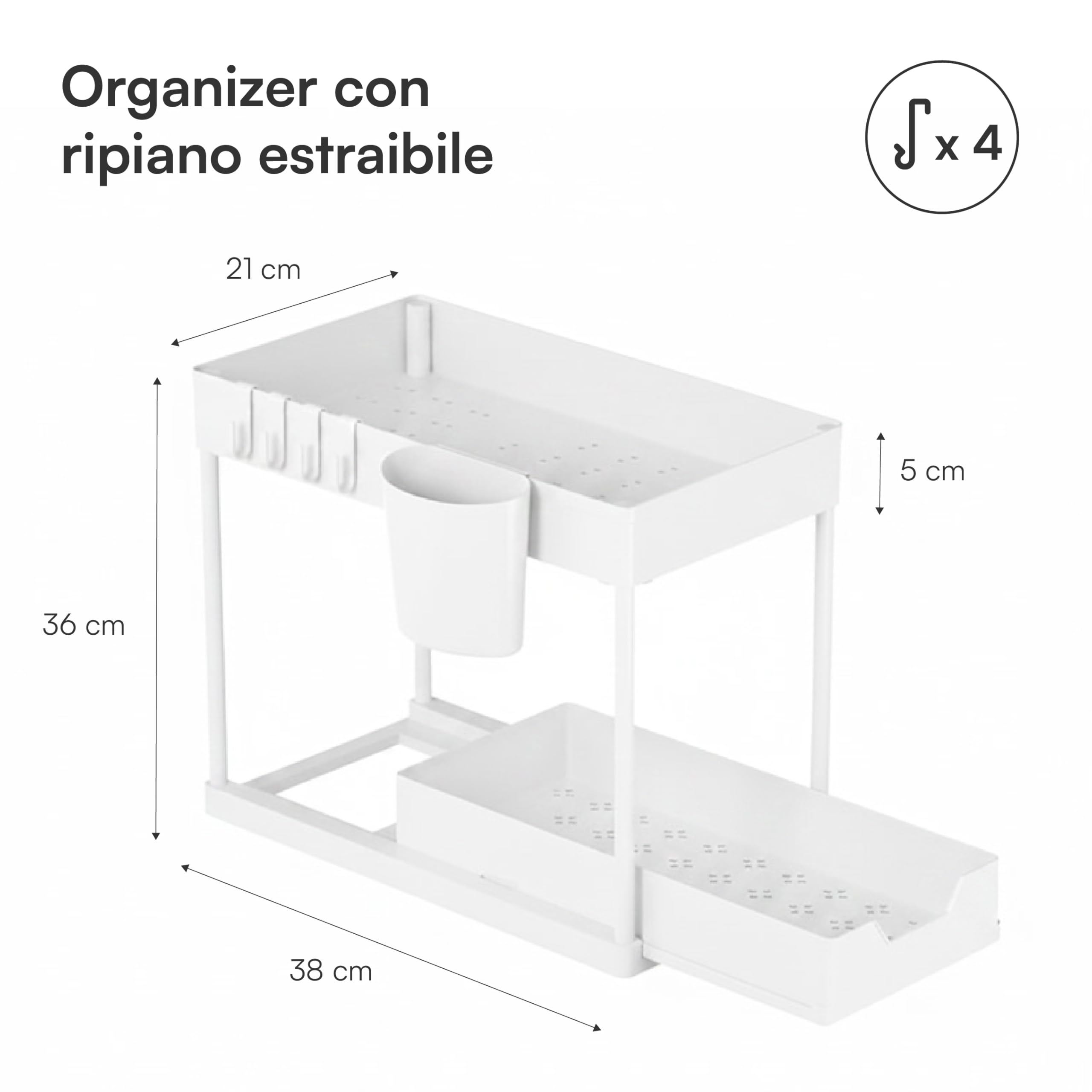 Baroni Home Organizer Sottolavello 2 Livelli Bianco 21x38x36 cm