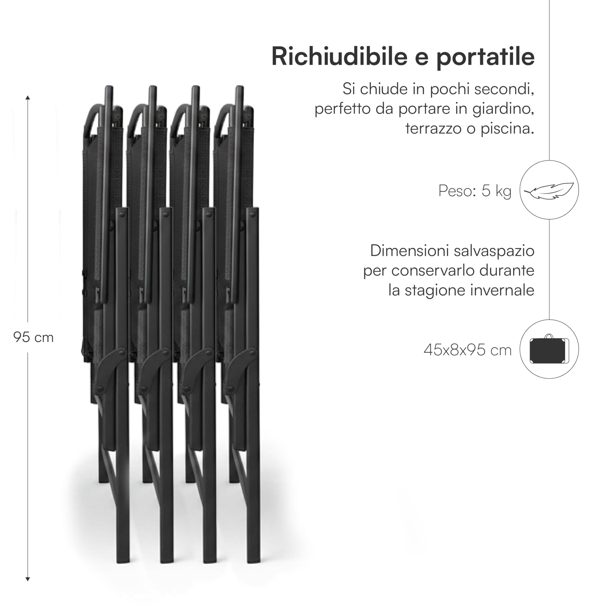 Baroni Home Set 4 Sedie da Giardino Pieghevoli Nere con Braccioli