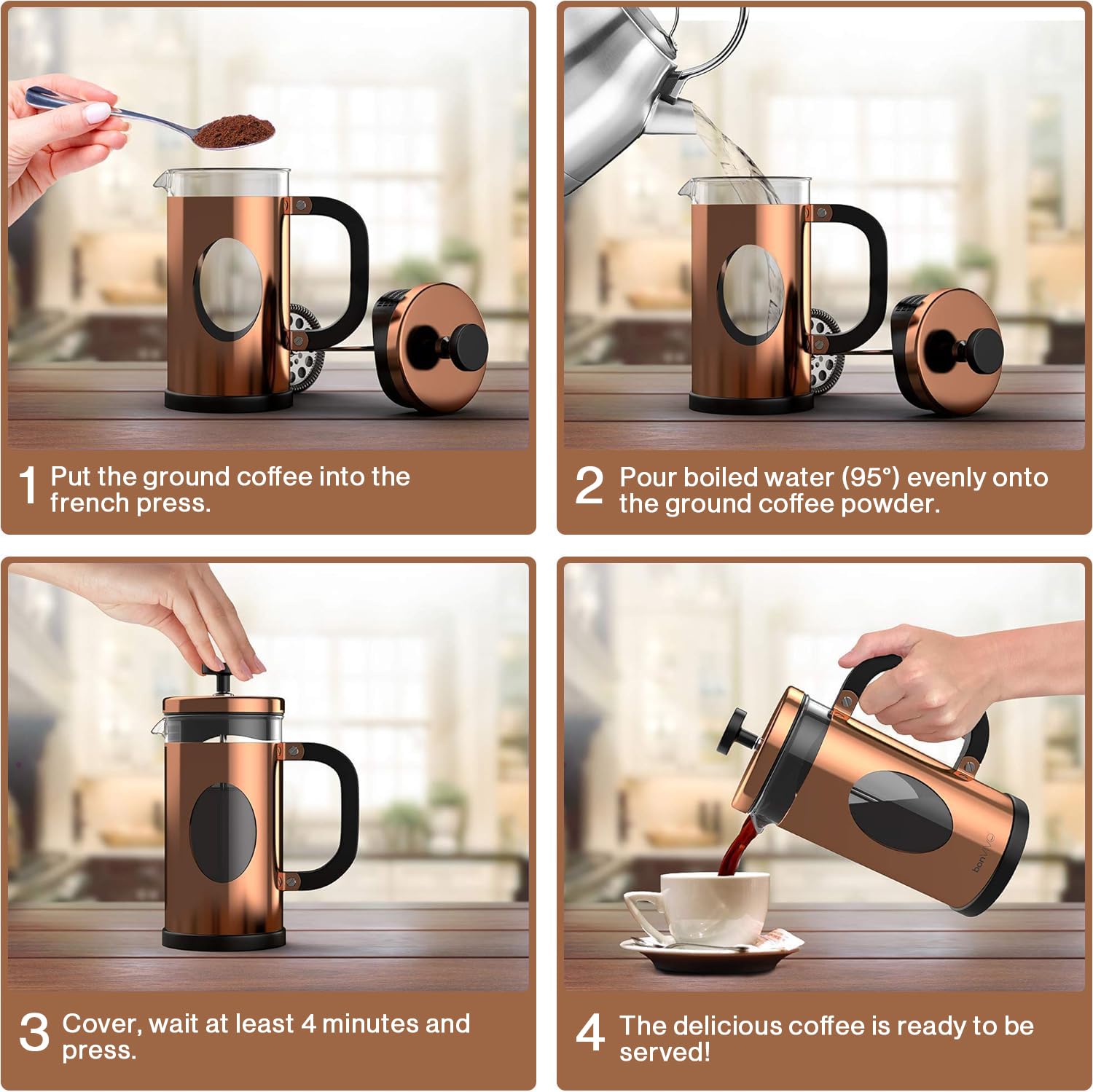 bonVIVO French Press Caffettiera Stantuffo Rame 8 Tazze Vetro